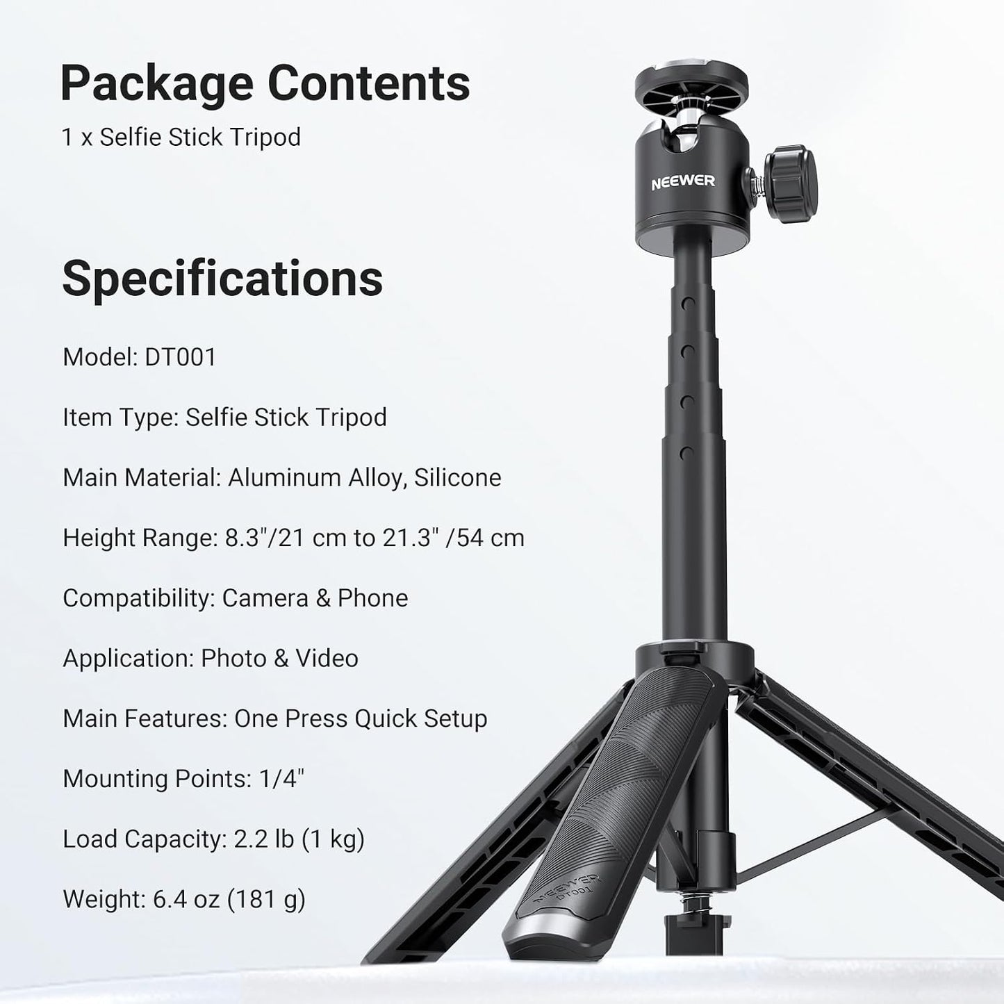 G7X ZV-1 RX100 A6400 A6600 DT001 NEEWER Basics Extendable Selfie Stick Tripod, Metal Portable Stand Handle Grip