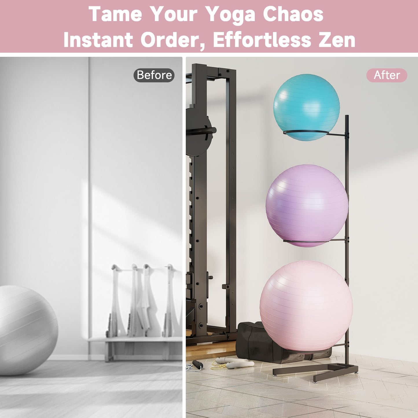 Tcatec Yoga Ball Holder, 3 Tiers Exercise Ball Holder Heavy Duty Stability Ball Stand Gym Accessories Vertical Ball Storage Rack Organizer for Commercial & Home Use
