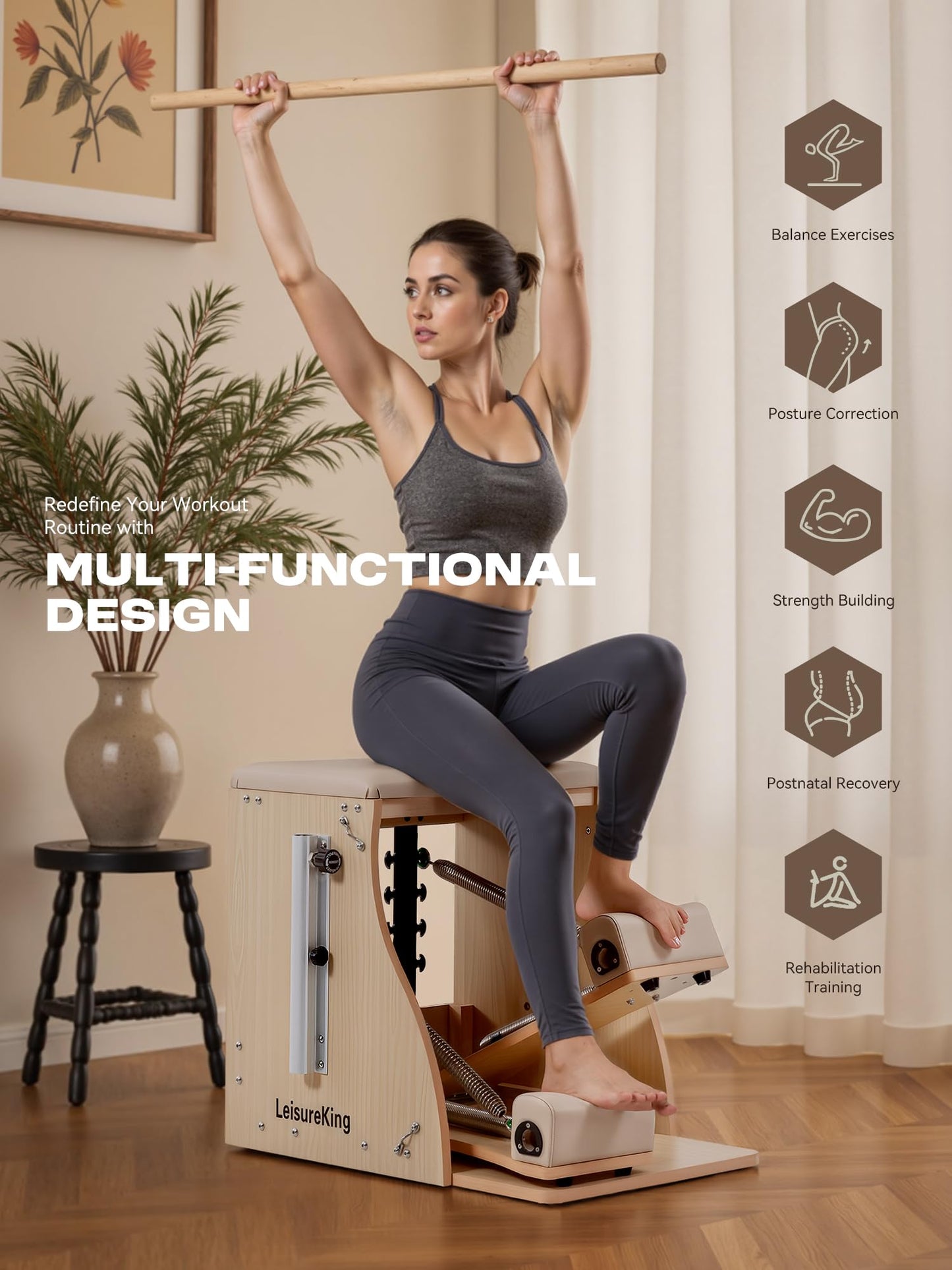 LeisureKing Pilates Combo Chair for Home Workouts, Wunda Chair with 5-Level Handles, Split Pedals, Resistance Bands, for Studio, Gym, Pilates Workout, Rehabilitation Exercises, Easy Assembly, Beige