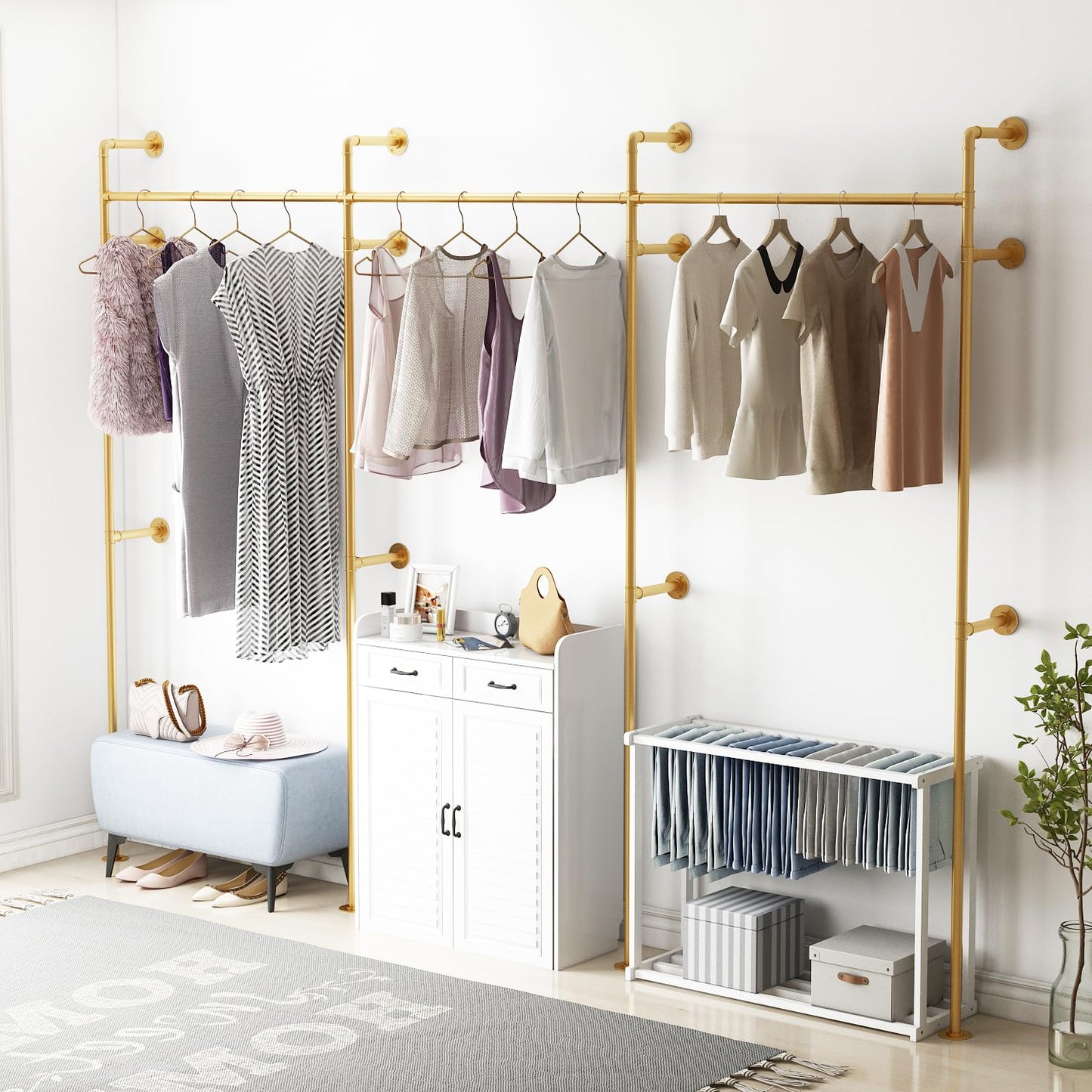ORSENIGO Industrial Pipe Clothing Rack, Heavy Duty Clothes Rack for Hanging Clothes, Wall Mounted Display Garment Rack for Home Retail Boutique (Three, Gold)