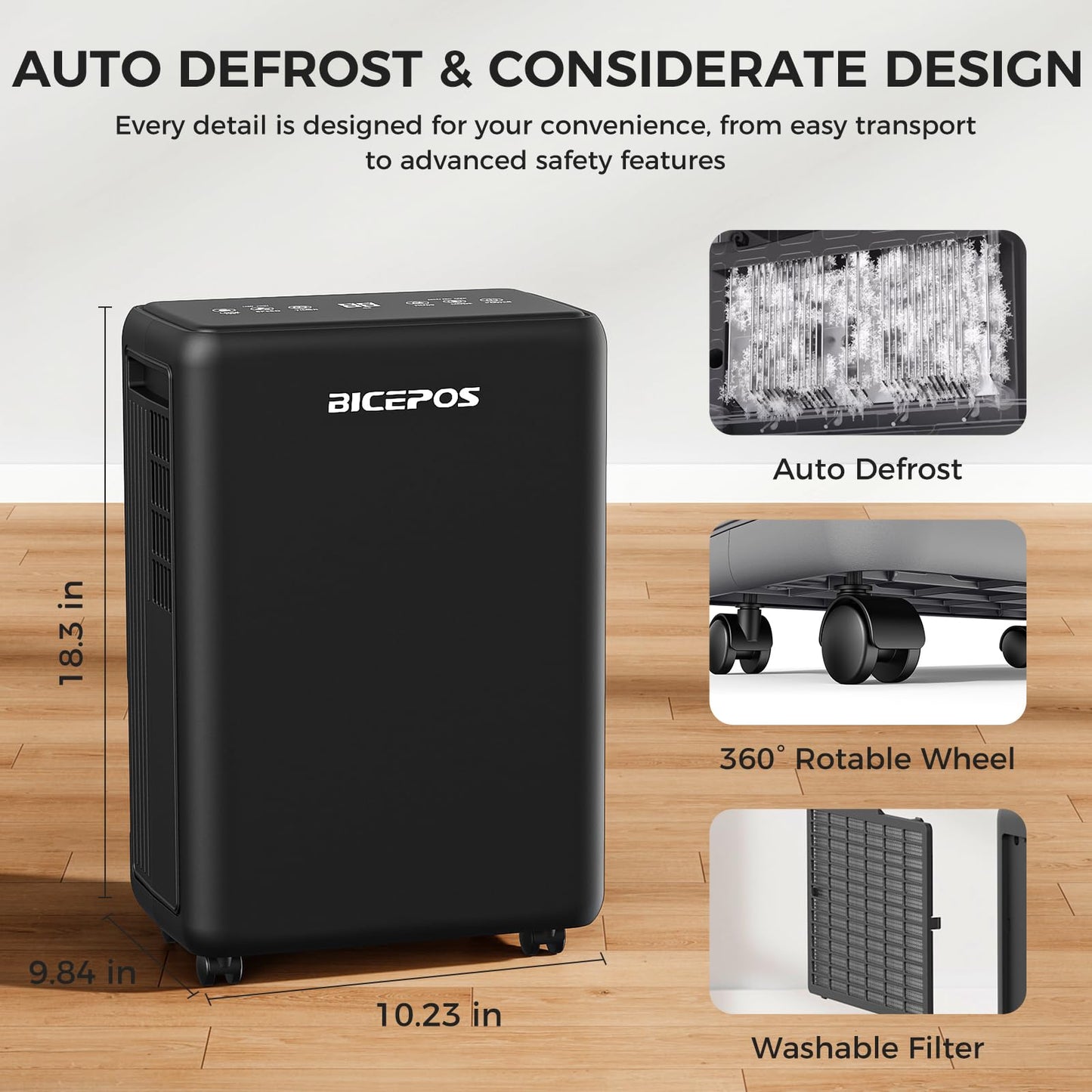 Bicepos 2000 Sq.Ft Dehumidifier for Basement, 30 Pints Dehumidifiers for Home with Drain Hose, 3 Mode, Auto Defrost, Intelligent Humidity Control for Bathroom, Bedroom, Large Room, Laundry, RV, Office