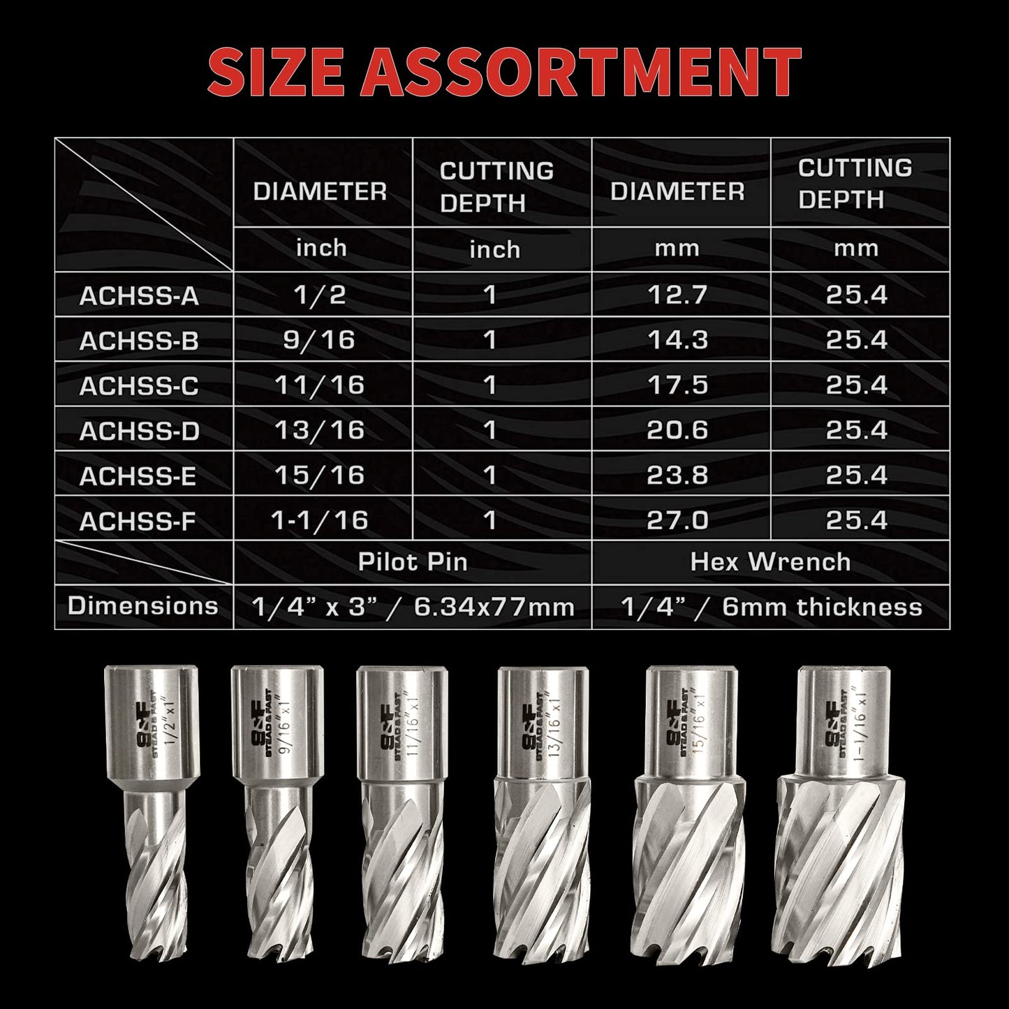 S&F STEAD & FAST Annular Cutter Set 6 Pcs, M2AL HSS Mag Drill Bits Kit, 3/4” Weldon Shank, 1” Cutting Depth, 1/2” to 1-1/16” Cutting Diameter, use with Magnetic Drill Press