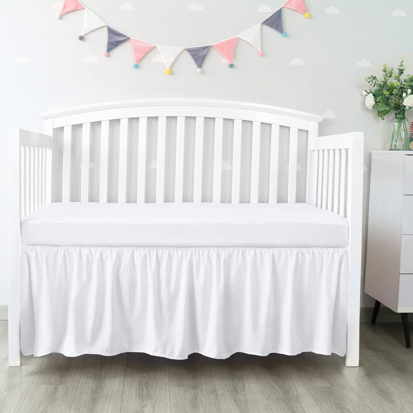 Crib Bed Skirt - Skiennix 28â x 52â Pleated Dust Ruffle | Adjustable Fit for Toddler Beds, Soft White