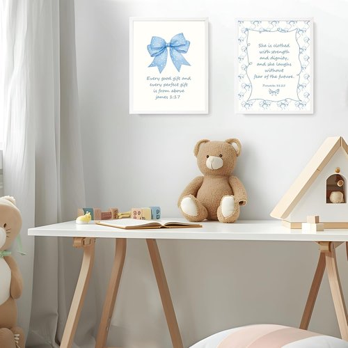 LARTSFRO Coquette Blue Bow Wall Art Decor - Inspirational Christian Posters for Teen Girls | 10x8 Inch Set of 4 Unframed