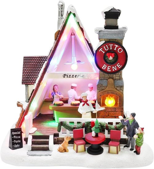 Moments In Time Pizza Shop Scene - Handcrafted LED Musical Pizzeria Holiday Decoration | Battery Operated Tabletop Display
