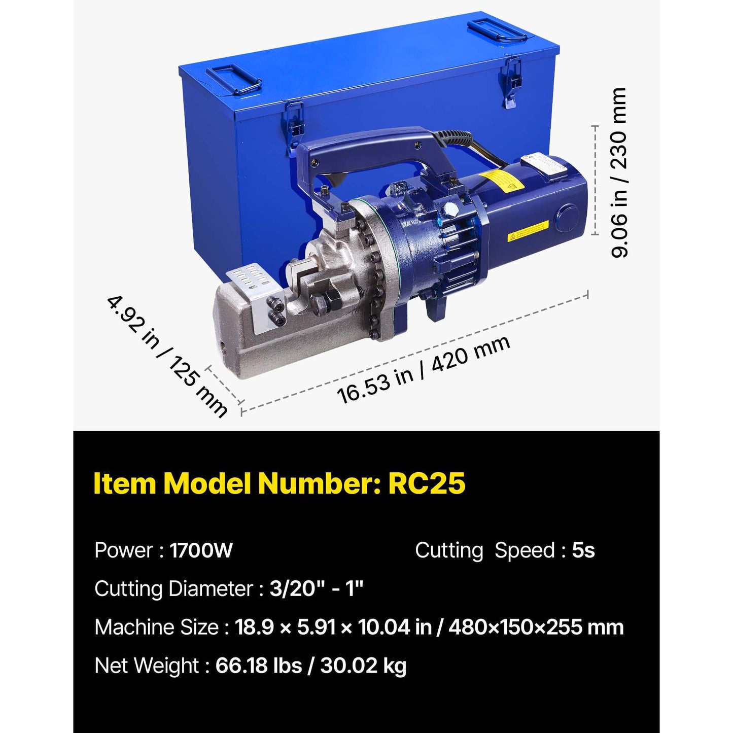 Happybuy Electric Hydraulic Rebar Cutter 1700W RC-25 110V - Portable, Cuts #8 4-25mm Rebar in 5 Seconds, with Stainless Steel Carry Case