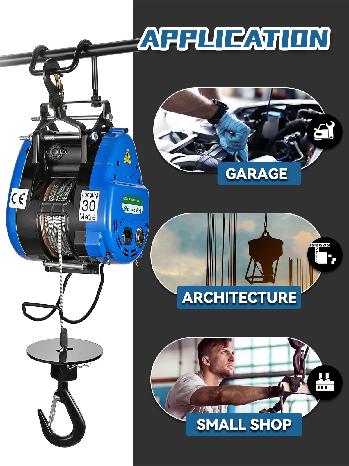 Mxmoonant 250kg Electric Hoist Winch, 19m/min Fast Electric Cable Hoist with Remote, 98ft/30m Lifting Height for Attic, Garage, Workshop, Warehouse, Factory