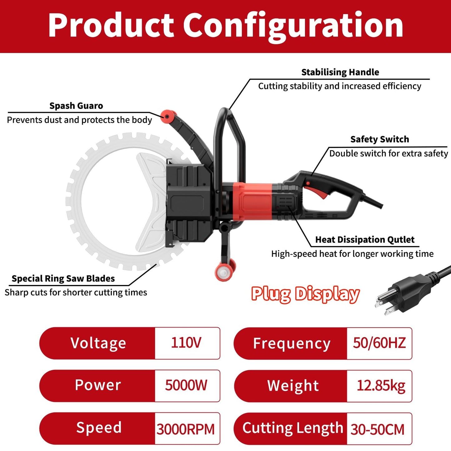 Ring Concrete Cutter Saw, Concrete Saw 20 Inch, 110V Pure Copper Motor with an Intelligent Water Pump for Reinforced Concrete, Ceramic Tiles, Red Brick Walls(110V,Depth of Cut 11.81inch)
