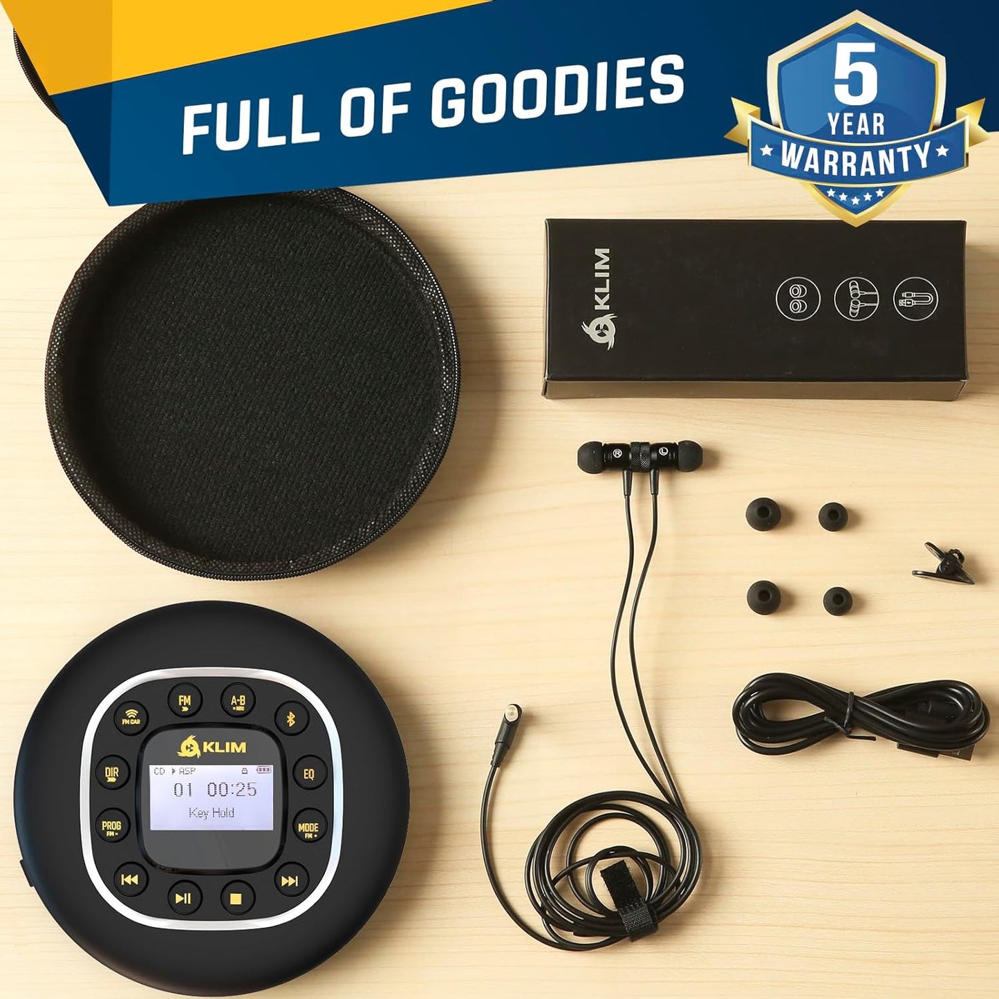 KLIM MP3 Journey - Portable CD Player Walkman with Long-Lasting Battery - New - with Headphones - Radio FM - Compatible