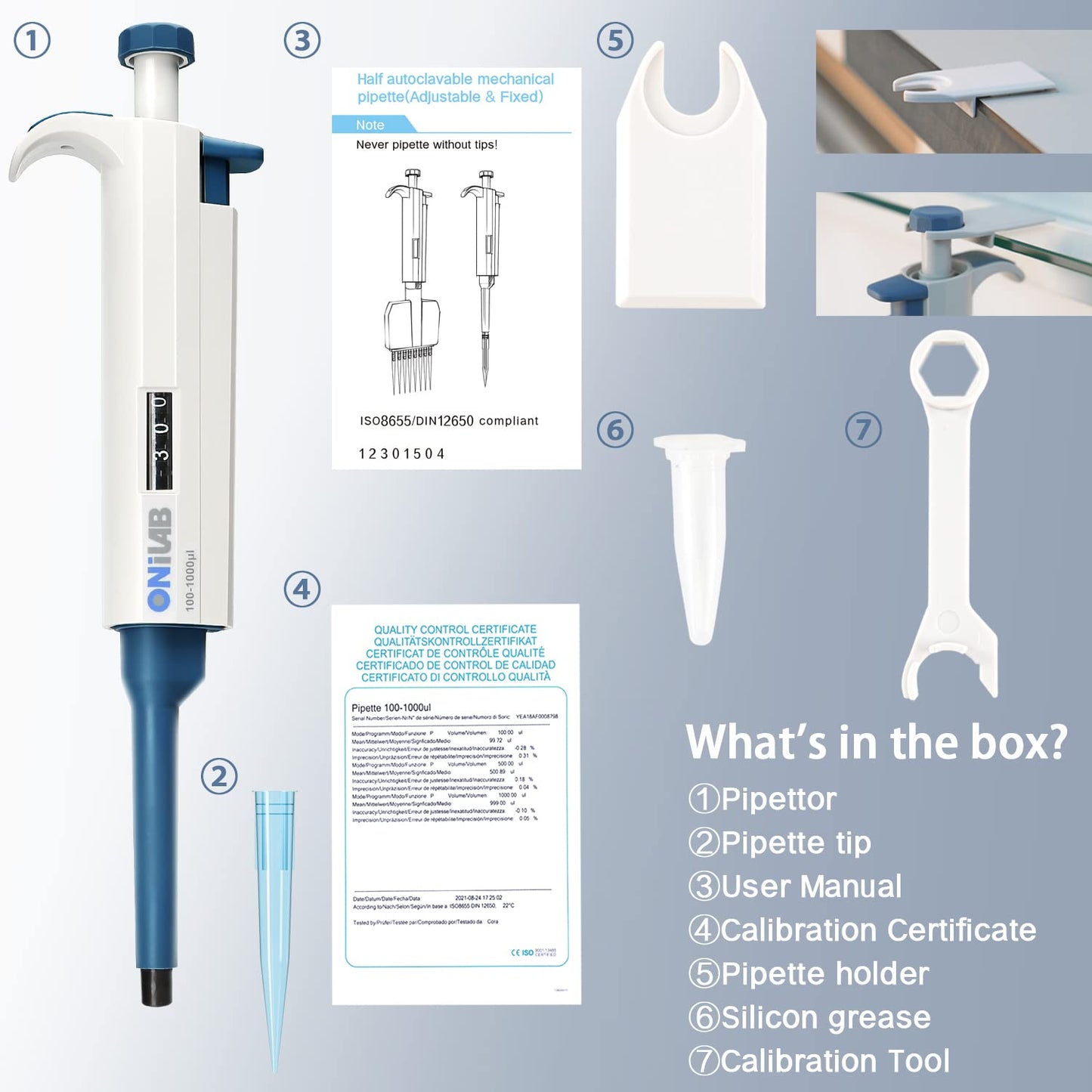 ONiLAB 20-200ul High-Accurate Single-Channel Manual Adjustable Variable Volume Pipettes, Autoclavable, 7010101009