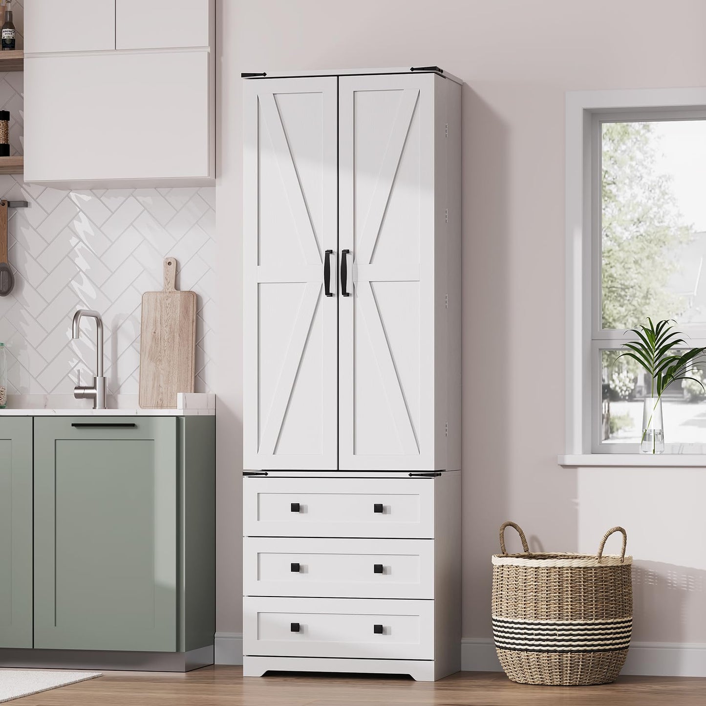 72'' Tall Kitchen Pantry Cabinet, Freestanding Tall Cupboard Storage Cabinet with 2 Barn Doors & 3 Drawers, Adjustable Shelves, Large Farmhouse Pantries for Living Room, Dining Room