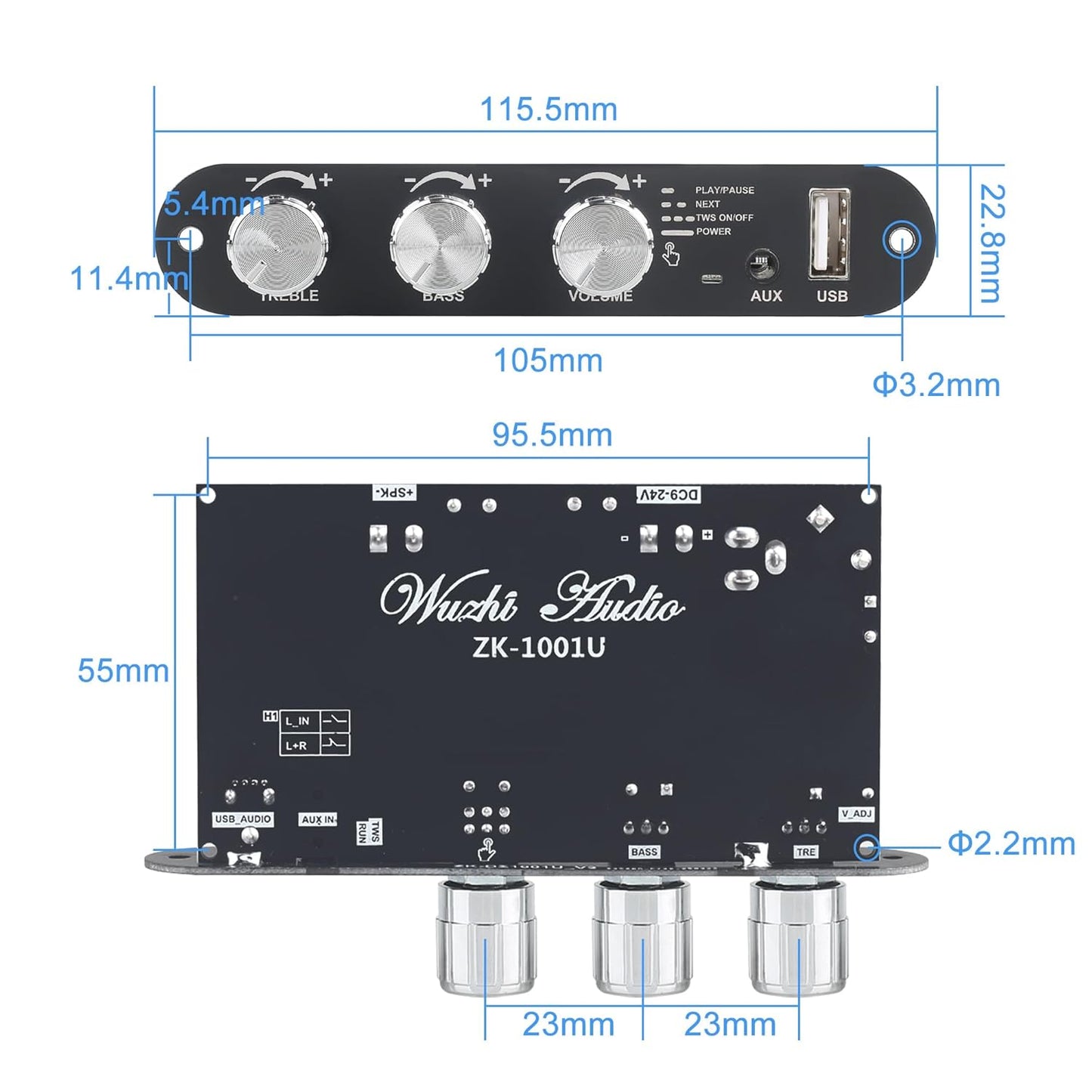 Wuzhi Audio ZK-1001U 100W 9-24V, Mono Amplifier Board with TWS, Power Output, Vehicle Amplifier Wide Voltage Input