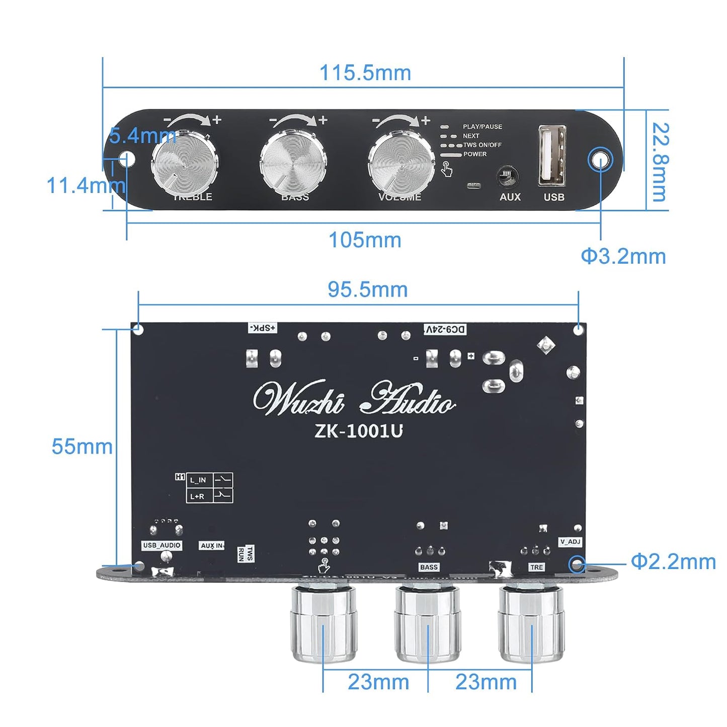 Wuzhi Audio 2PCS ZK-1001U 100W 9-24V, Mono Amplifier Board with TWS, Power Output, Vehicle Amplifier Wide Voltage Input