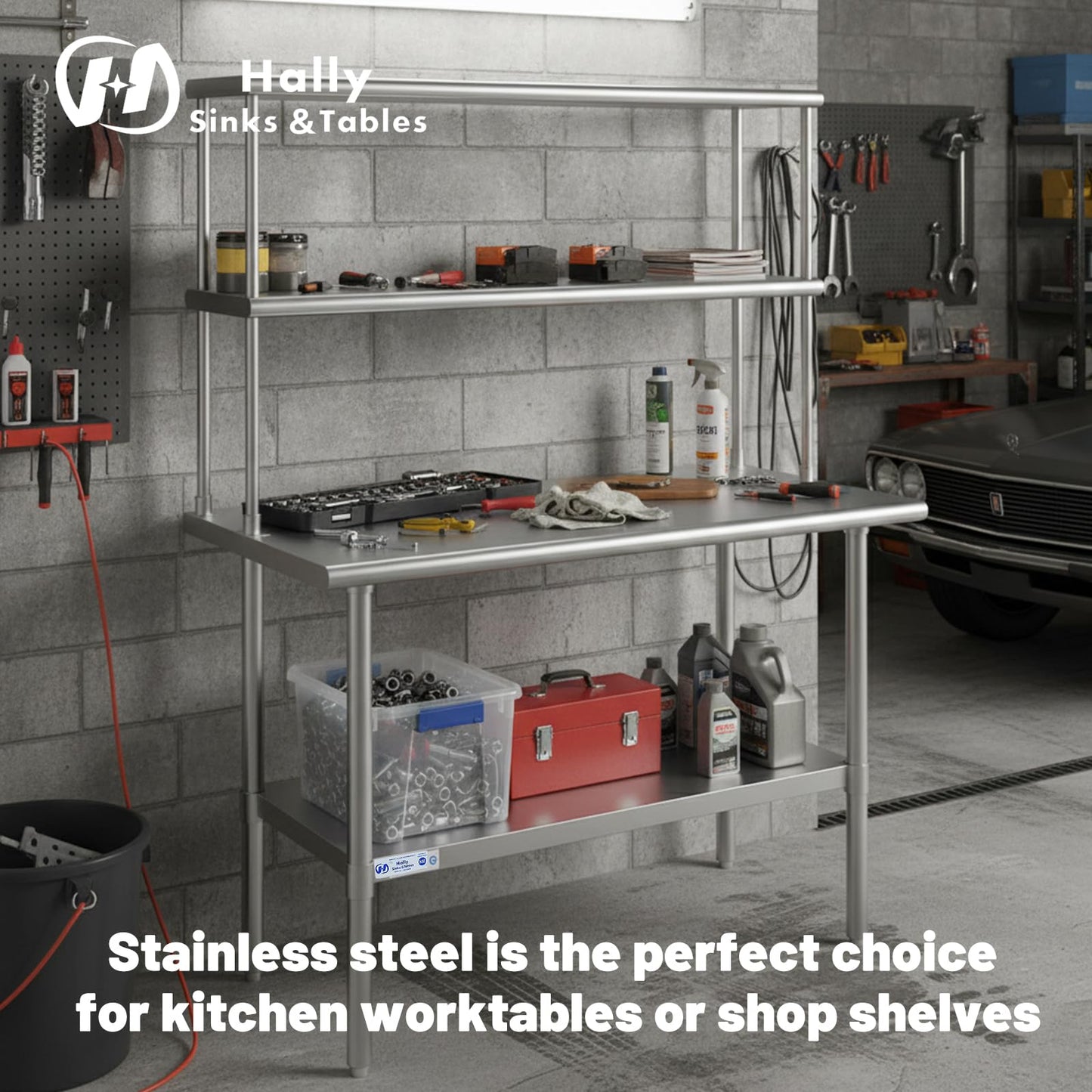 Hally Double Overshelf of Stainless Steel 12'' x 48'' Weight Capacity 380lb, Commercial 2 Tier Shelf for Prep & Work Table in Restaurant, Home and Kitchen
