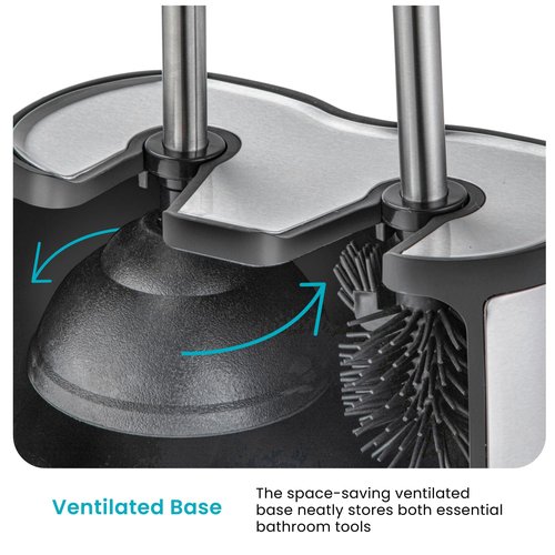 Home Zone Living Toilet Brush and Plunger Set with Stainless Steel Dual Base and Corner Brush, 2-in-1 Bathroom Cleaning Tool