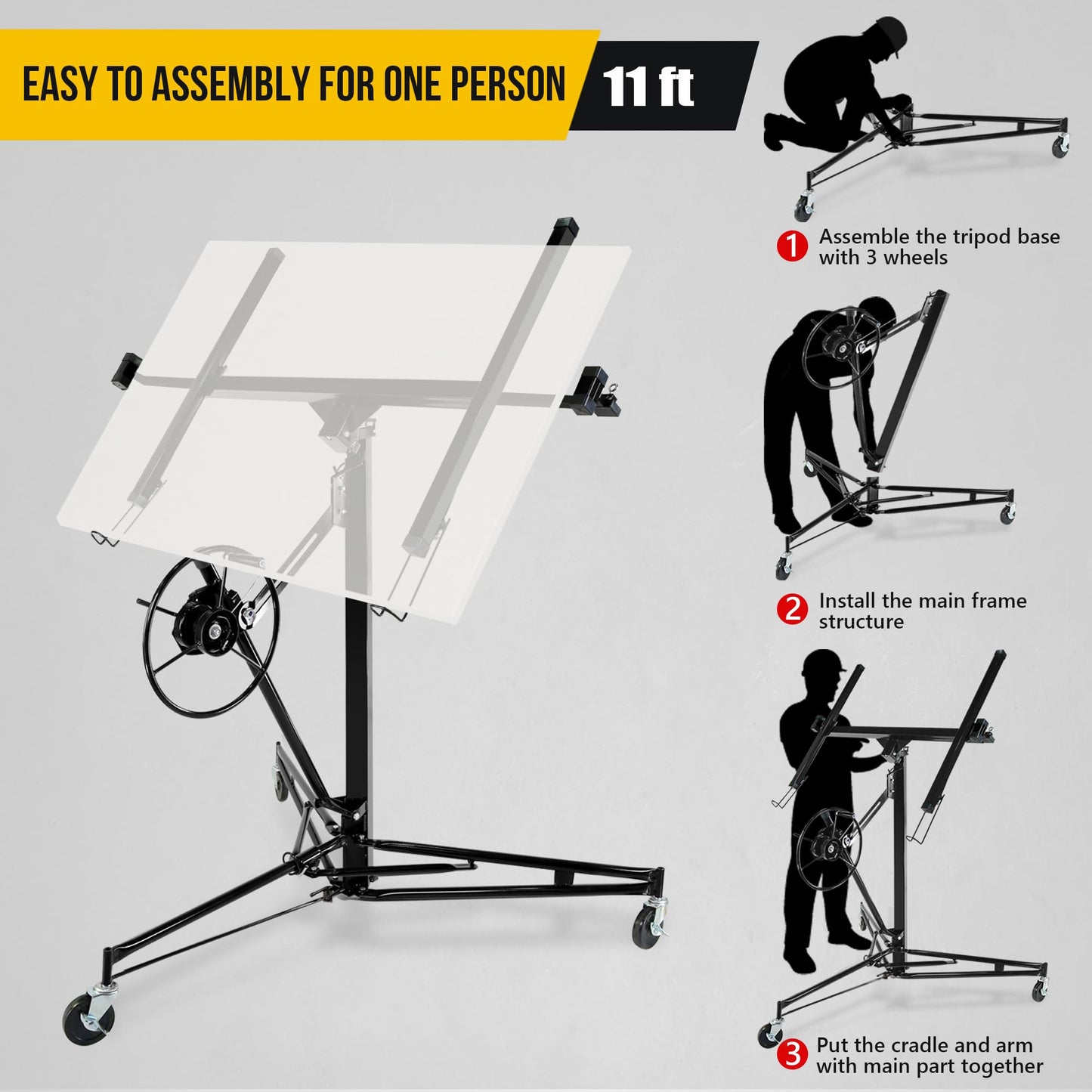 Drywall Lift, 150lb Drywall Lift Jack with Wheels - 11FT Adjustable Steel Sheetrock Hoist for Ceiling & Wall Installation - Heavy Duty Panel Lifter for Pros & Homeowners