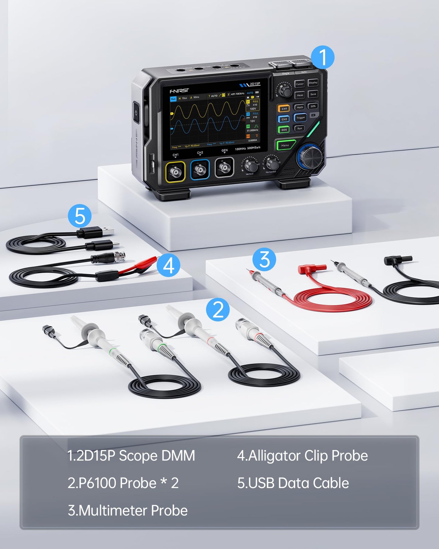 FNIRSI 2D15P 100MHz Digital Oscilloscope Multimeter DDS Signal Generator 3 in 1, 2CH Automotive Oscilloscope Multimeter 19,999 TRMS Counts, 500MS/s Sampling, 4.3'' Touch Screen