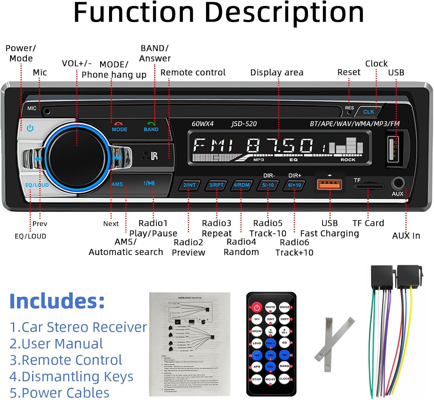 Auroky JSD-530 FM/MP3/TF/AUX/EQ, Single DIN Car Stereo Bluetooth Audio Player Handsfree Radio Receiver Dual USB Ports