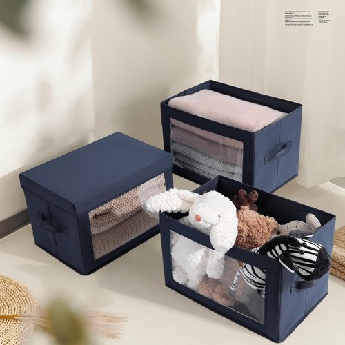 Homsorout Foldable Storage Boxes - Decorative Fabric Baskets with Clear Window, Navy Blue, 4-Pack