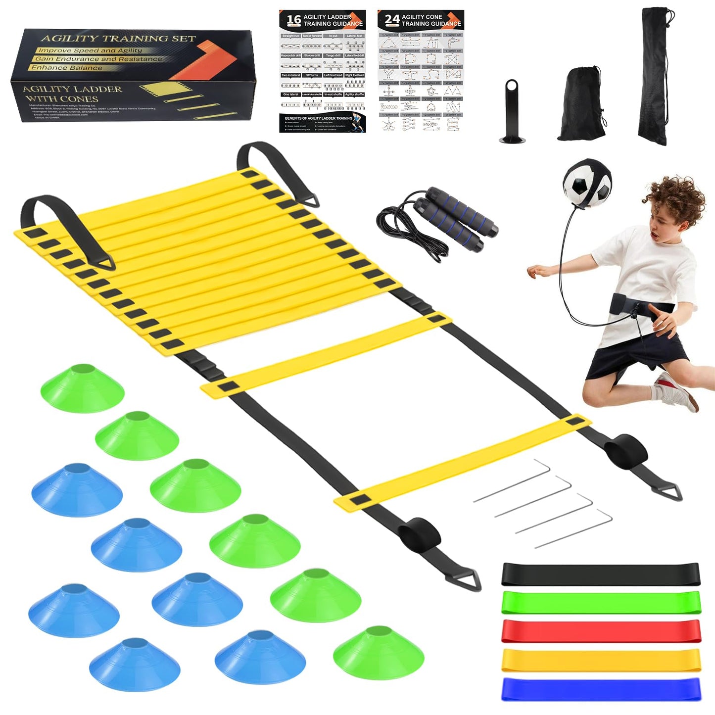 grestar Speed Agility Training Equipment Set, Agility Ladder 20ft, 12 Football Cones, Soccer Kick Trainer, Jump Rope, 5 Resistance Bands, Football Soccer Basketball Fitness Drills for Kids Adults