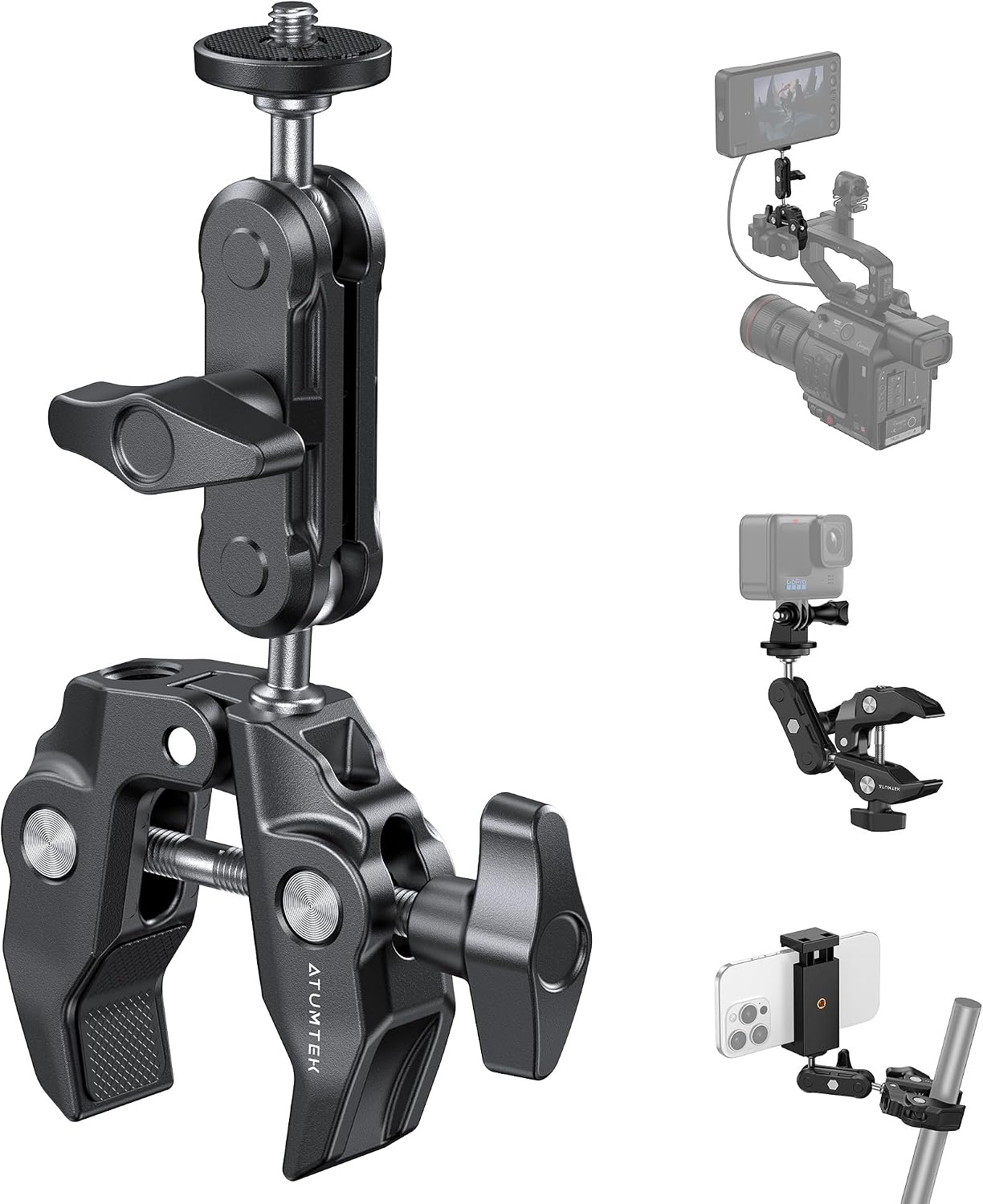 ATUMTEK 1/4" 3/8" 360 GoPro/Insta360/INSTAX/DJI Super Camera Clamp Mount with and Threads, Dual Ballhead Magic Arm Ball