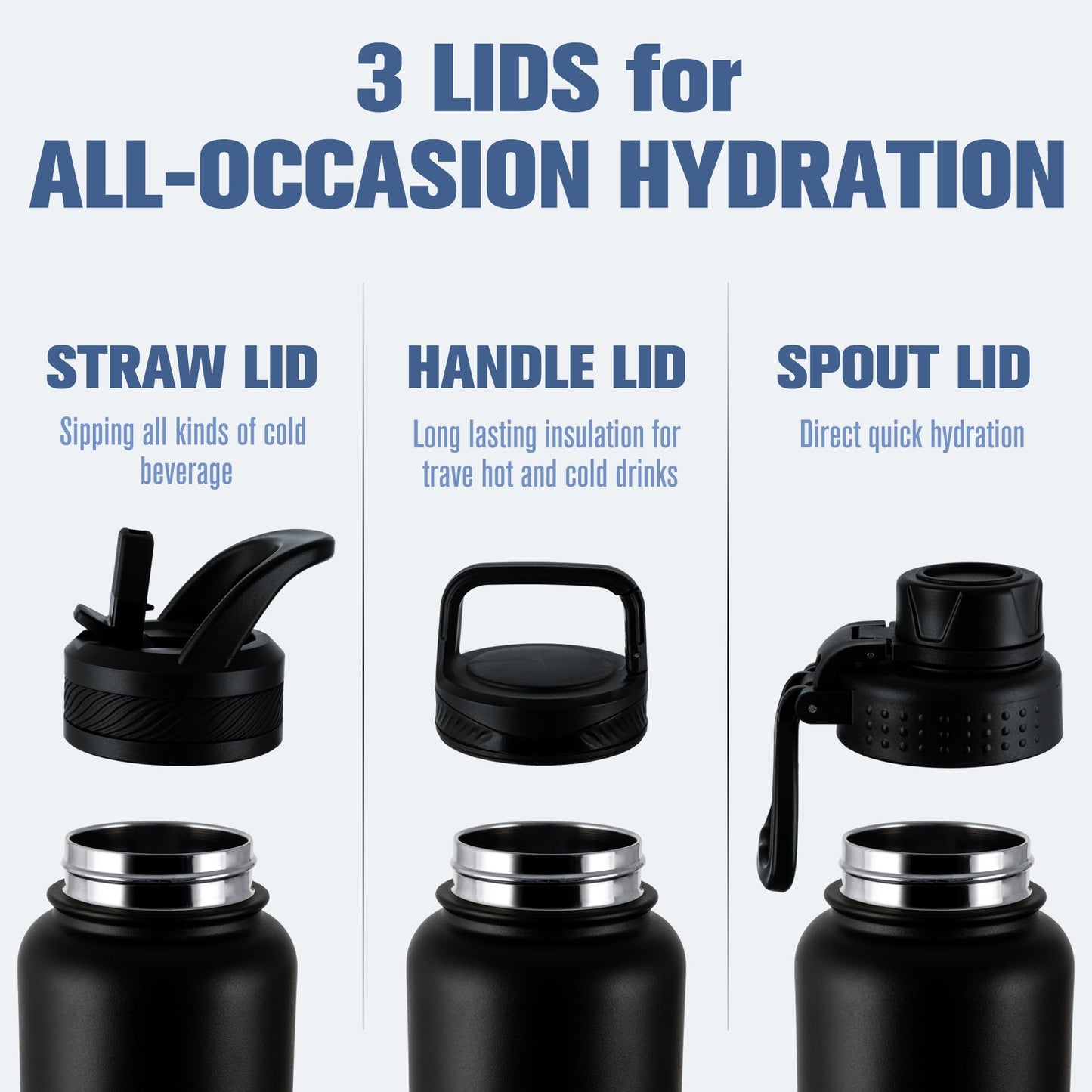 OLDLEY 32 oz Insulated Water Bottle With Straw, Stainless Steel Sports Water Cup Flask with 3 Lids(Straw, Spout and Handle Lid) Double Walled Travel Thermal Canteen Mug,Black