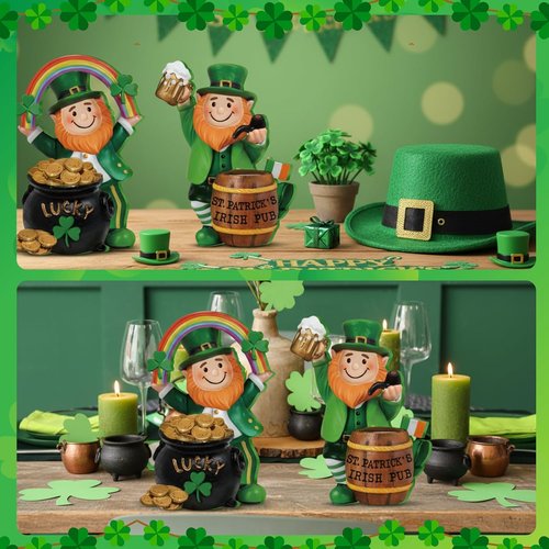Jetec St. Patrick's Day Leprechaun Figurines - 5" Wooden Table Sign Centerpieces for Irish Home Decor