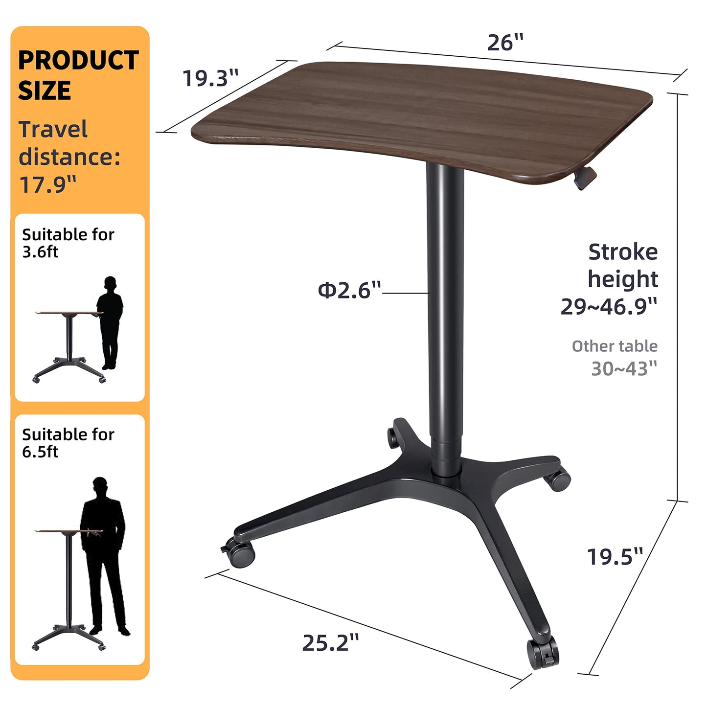 HAOOAH Pneumatic Adjustable Height Desk, Laptop Standing Desk, Rolling Sit-Stand Cart, Mobile Podium Portable Lectern for Home, Office& Classroom, 26" 19.3" Platform (29" to 46.9" H),Brown