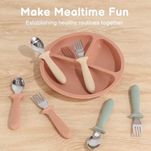 Eascrozn Toddler Utensils Set - 6 Pack Kids Silverware with Silicone Handles | Safe 18/8 Stainless Steel