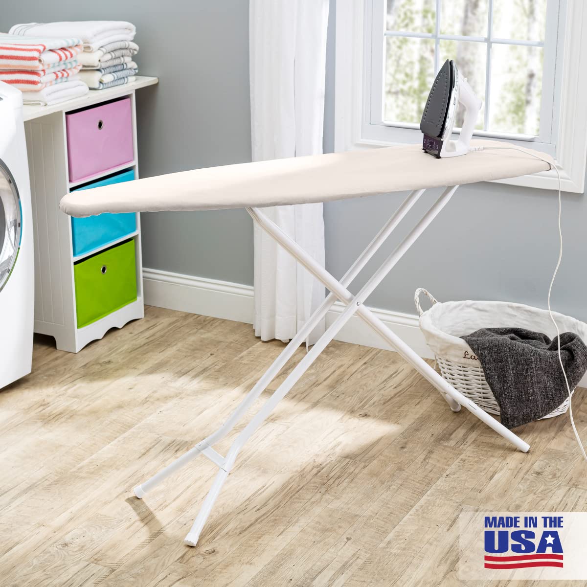 Full Size Ironing Board Made in USA – Beige by Seymour Home Products 4 Heavy-Duty Steel Legs Perforated Top for Steam Includes Cover & Pad Sturdy, Foldable Iron Board for Home & Laundry
