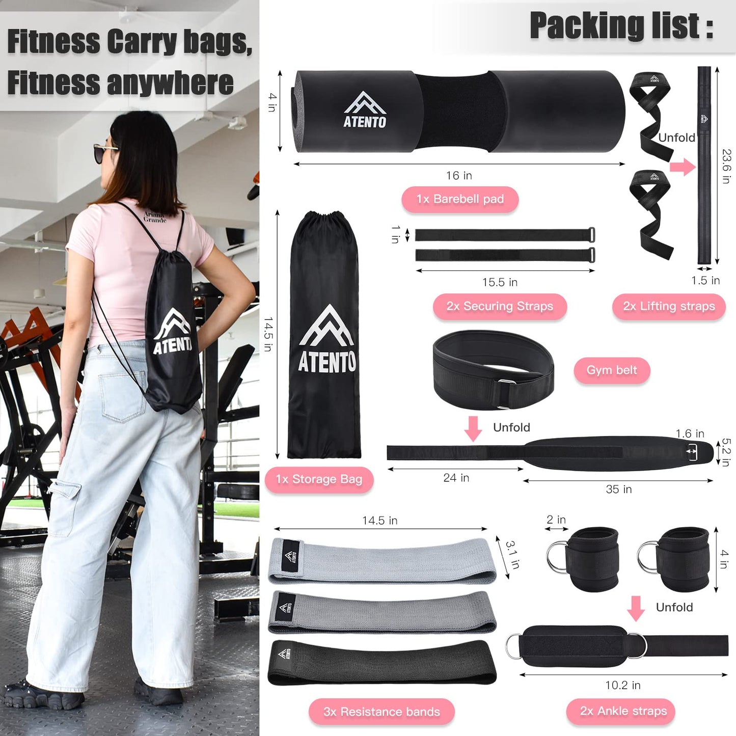 ATENTO 10 Pcs Barbell Pad Set, Hip Thrust Pad for Bench Press, Lunges, Workout, Leg Exercise, Squat Bar Pad (Black)