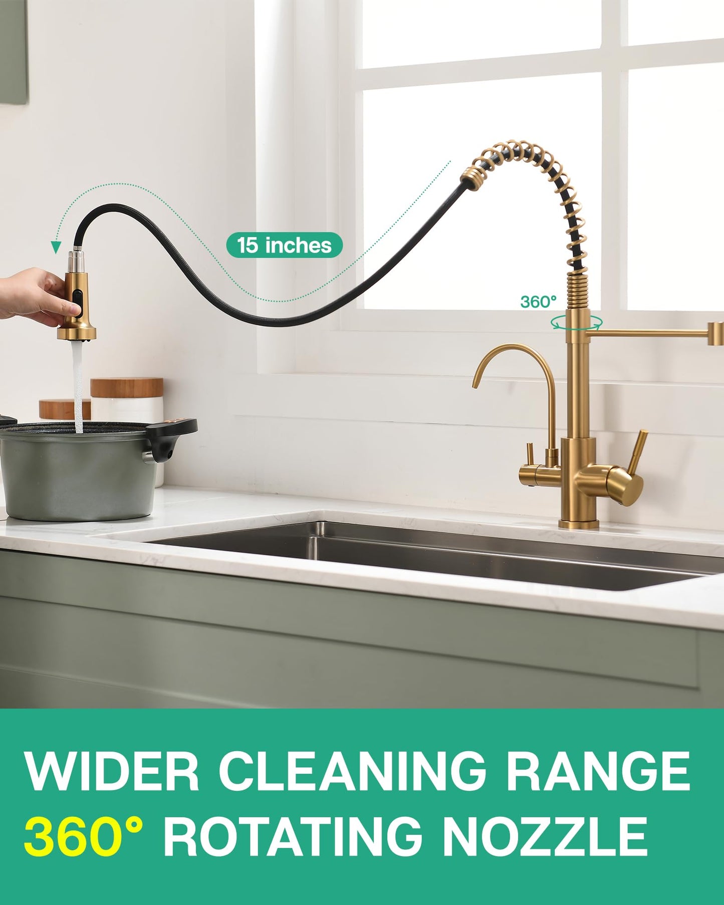 GIMILI 3 in 1 Kitchen Faucet with Pull Down Sprayer Brushed Gold Two Handle Kitchen Sink Faucet with Under Sink Water Filter System Reduces PFAS, PFOA/PFOS, Lead, Chlorine, Bad Taste & Odor