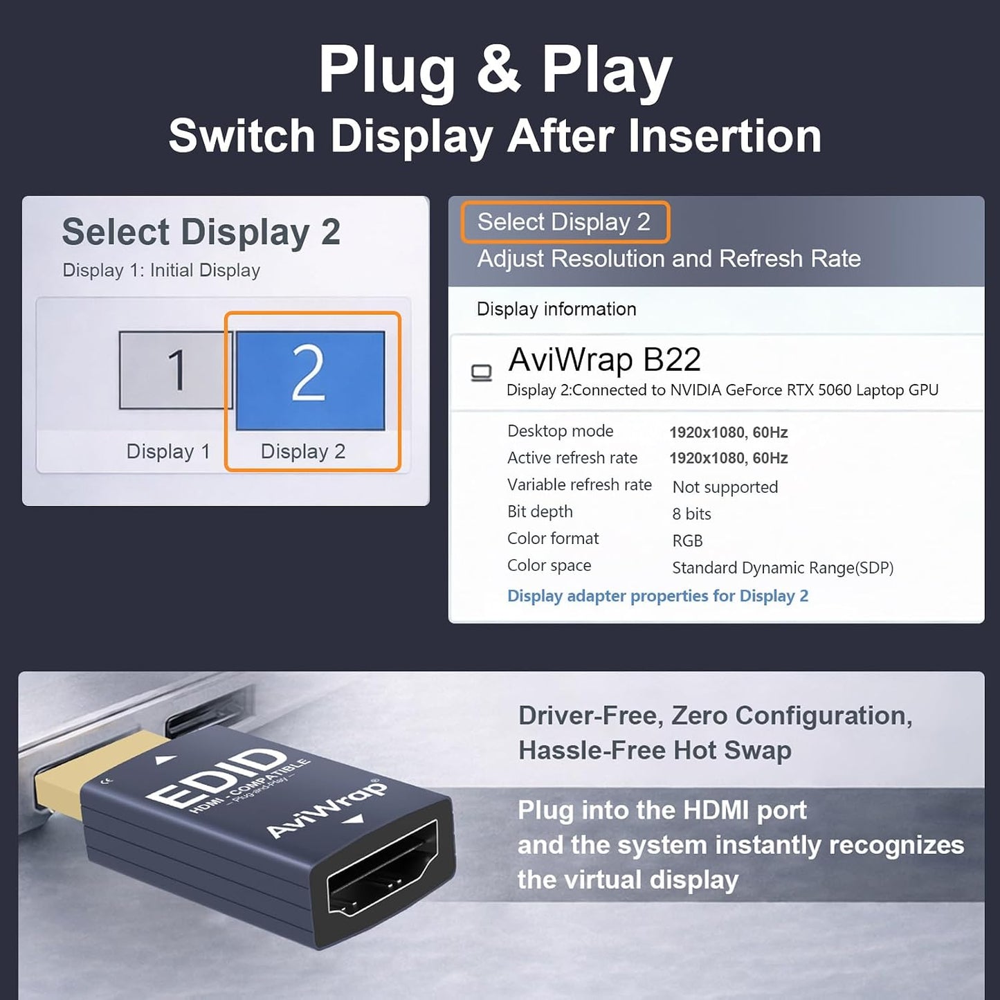 AviWrap 2.1 1080p@120Hz/144Hz/240Hz HDMI EDID Emulator Passthrough, HDMI Male to Female HDMI Adapter for Home Theater