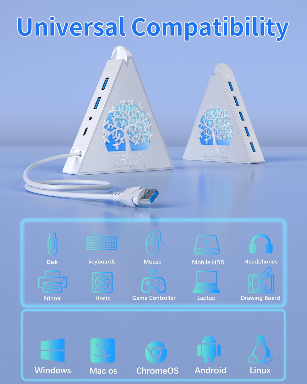 JoyReken 7-Port 3.0 5Gbps 2FT USB Hub, White Vertical USB Hub Splitter with Tree-Shaped RGB Lighting, High-Speed