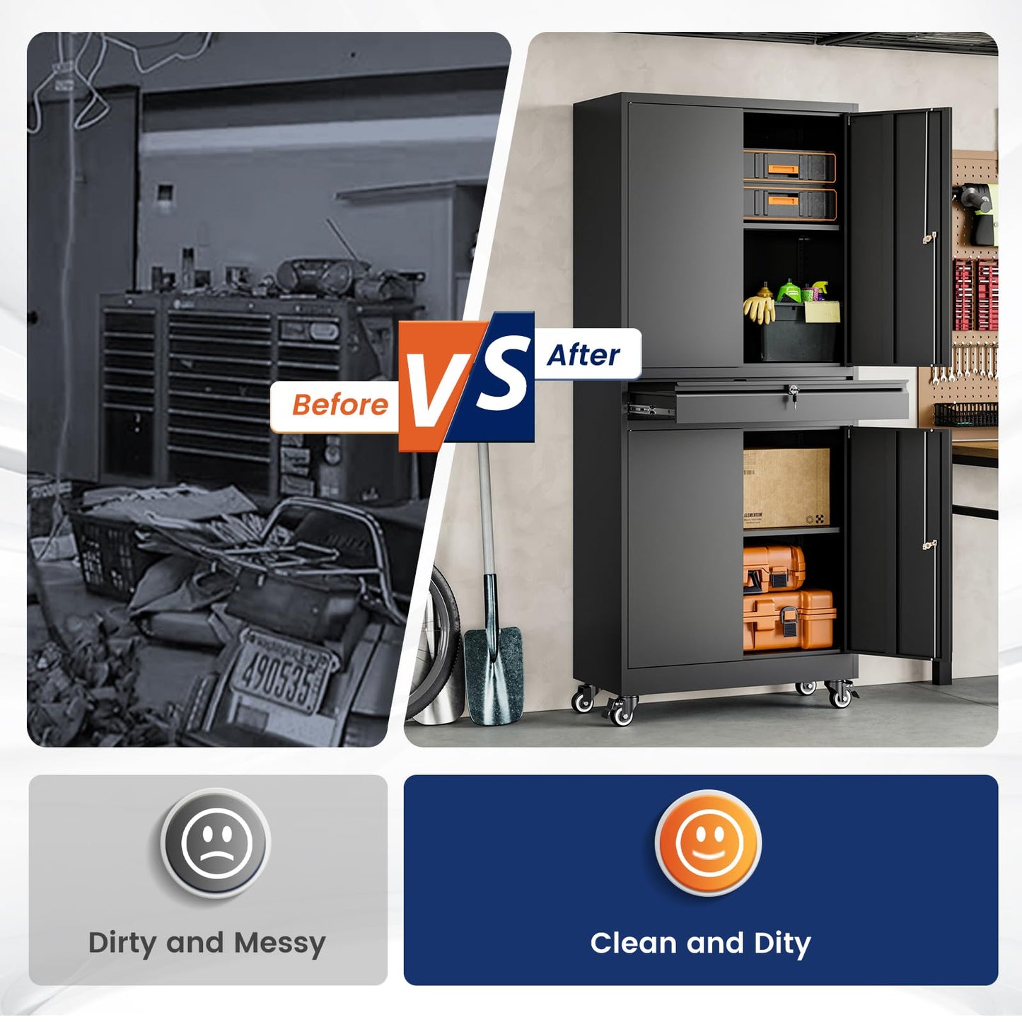 Yizosh Metal Garage Storage Cabinet with Locking Doors and Adjustable Shelves, 73" Rolling Tool Storage Cabinet with 4 Wheels and 1 Drawer for Garage,Warehouse (Black)