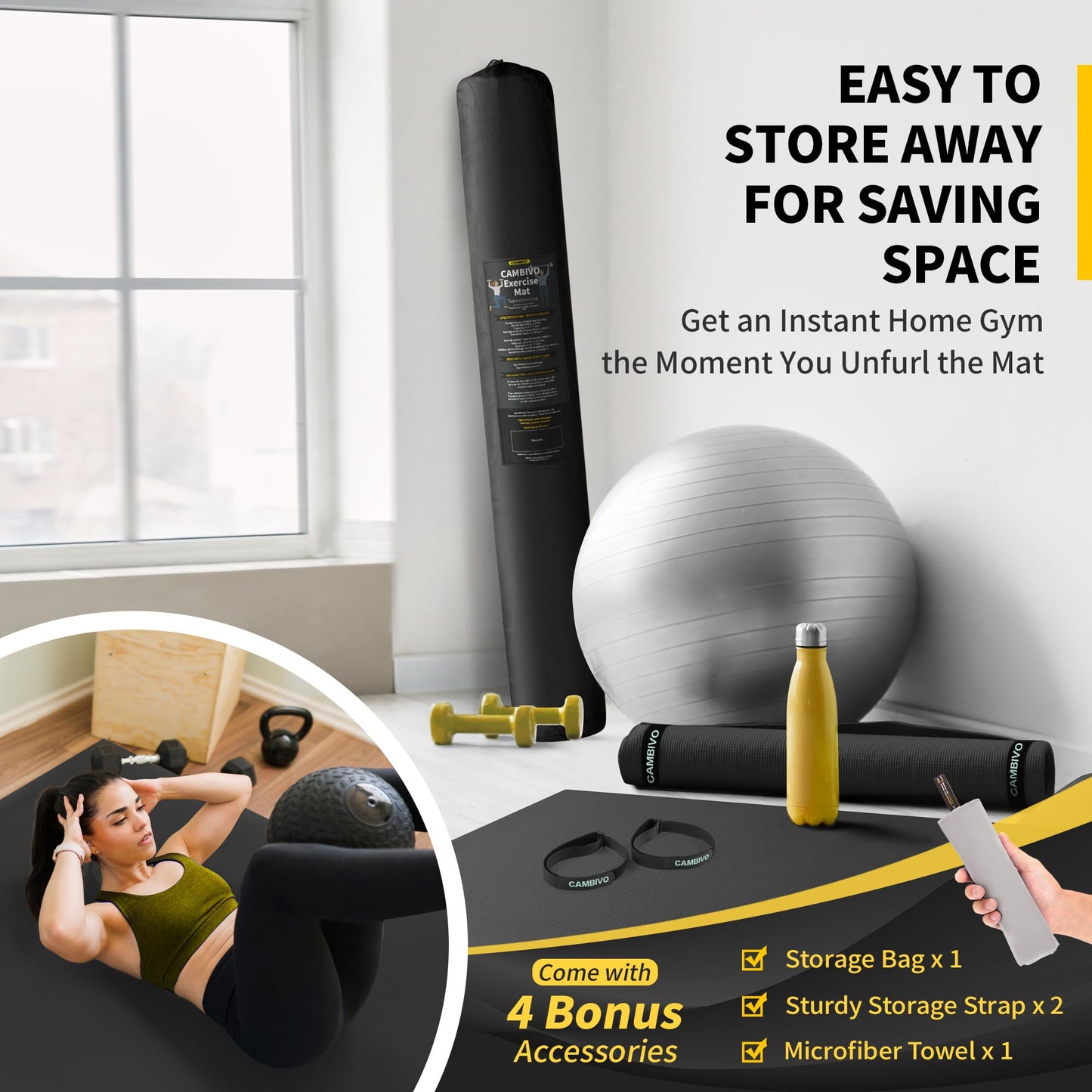 CAMBIVO Large Exercise Mat for Home Workout, 8'x6'/7'x5'/6'x4' (7 mm) Extra Thick Exercise Mat for Home Gym, Shoe-Friendly, Non-Slip Gym Mat for Jump Rope, Weights, Cardio, Fitness (Ink Black)