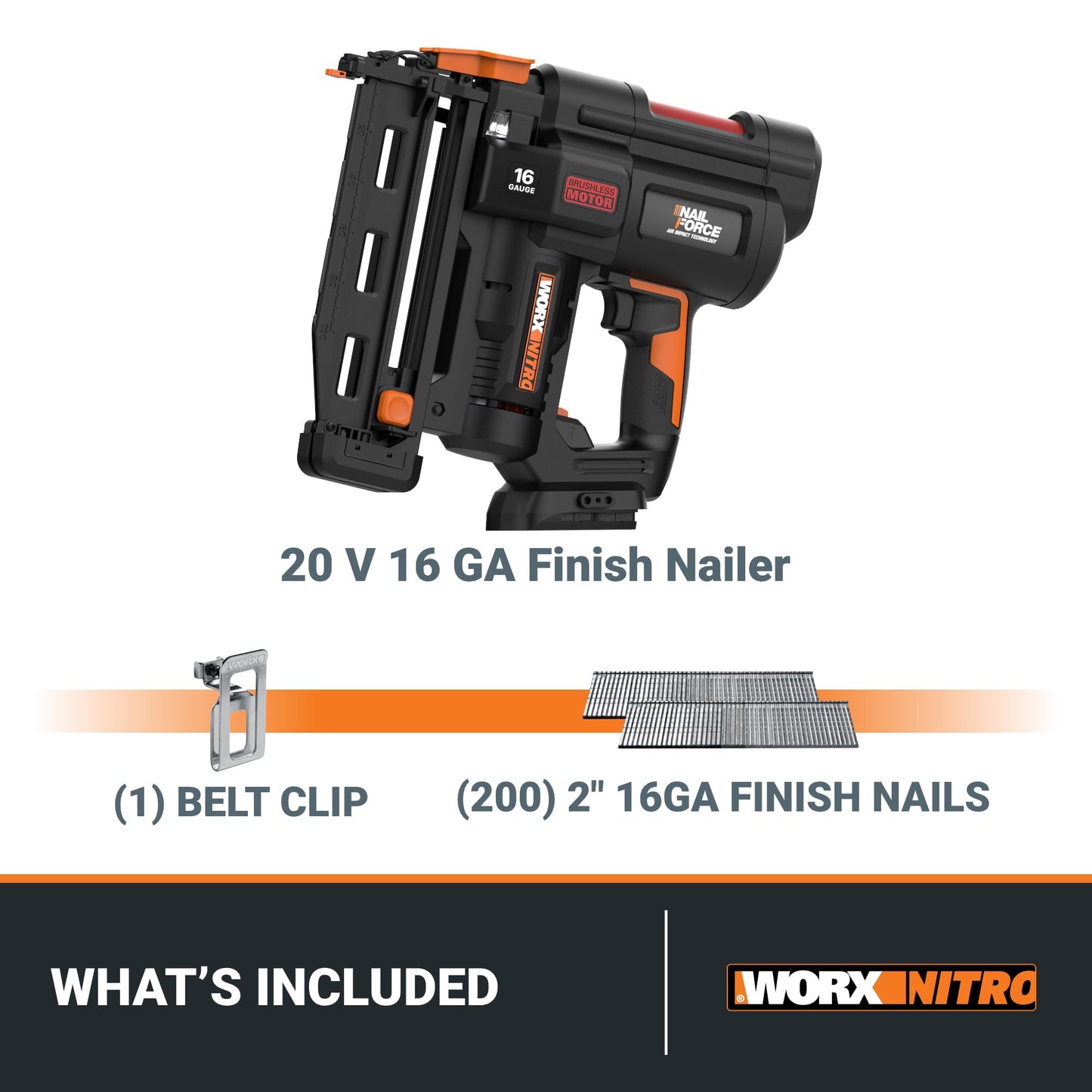 Worx Nitro 20V 16GA Finish Nailer Cordless 70 Nails/Min Sinks Up to 2-1/2", Compact Cordless Nail Gun w/Tool-Free Jam Release, Brushless Nail Gun Battery Powered WX841L – Battery & Charger Included