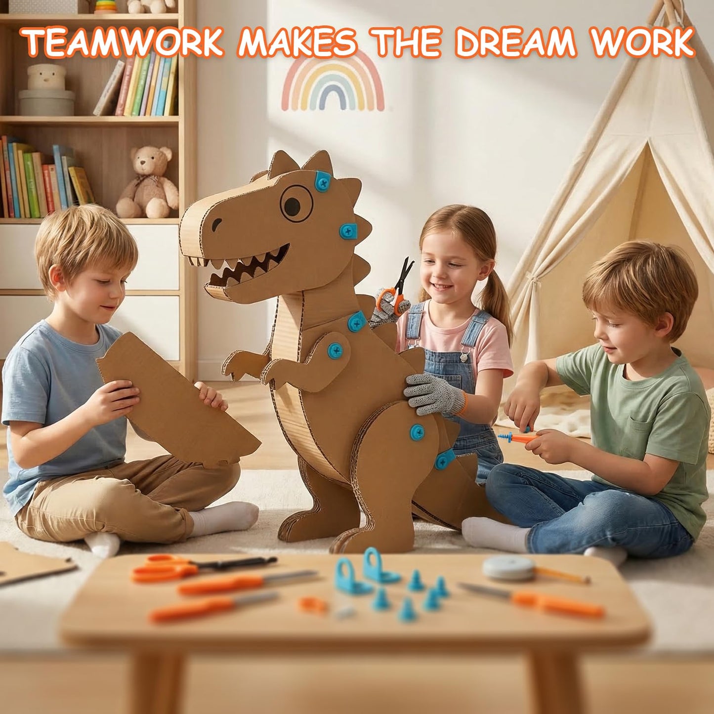 SainSmart Jr. 228 PCS Cardboard Construction Kit, Cardboard Tools for Kids STEM Projects, Classroom & Family DIY Activities | Reusable Cutting Tools with Safe Cutter, Tool Box & Tape Measure