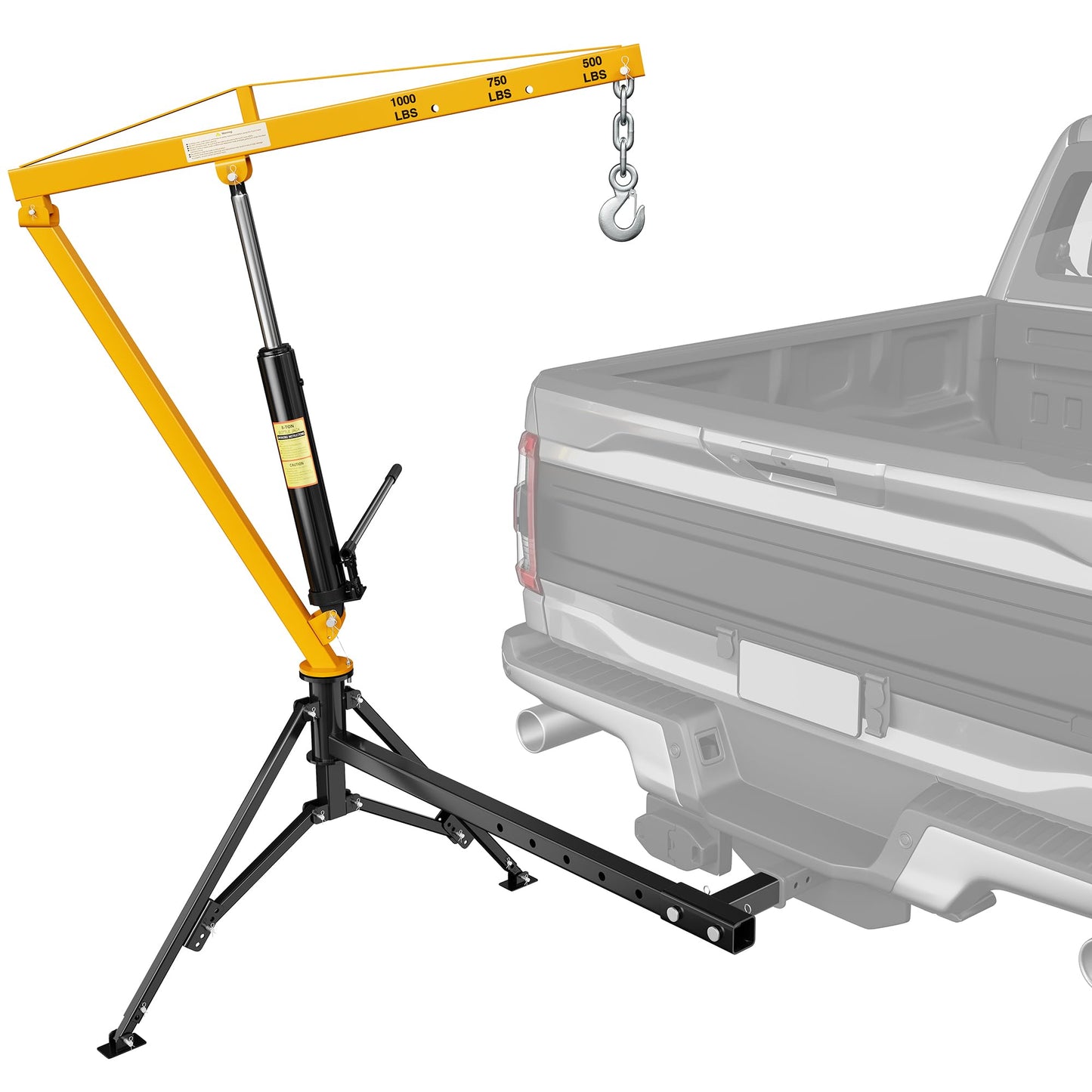 CAMMOO 1000lbs Receiver Hitch Mounted Hydraulic 360° Swivel Truck Crane with 3 Boom Capacity Options: 500lbs, 750lbs, 1000lbs. Ideal for Workshops, Construction, Agriculture, and Logging,Yellow