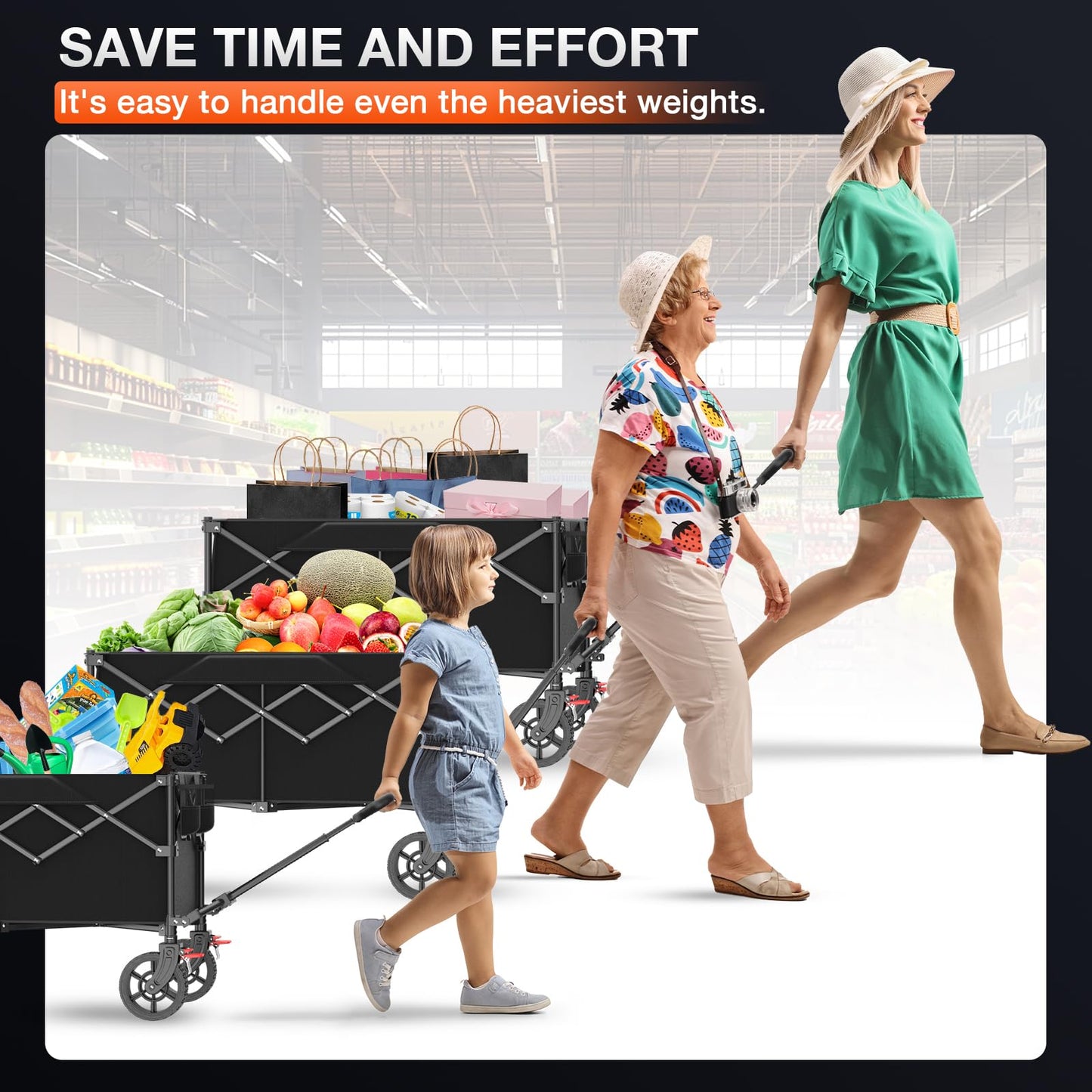 180L Large Capacity Collapsible Wagon Carts with Wheels,Foldable Wagon with 330LBS,Heavy Duty Shopping Cart,Portable Wagons Carts Foldable for Beach,Sports,Garden,Laundry,Outdoor-Black
