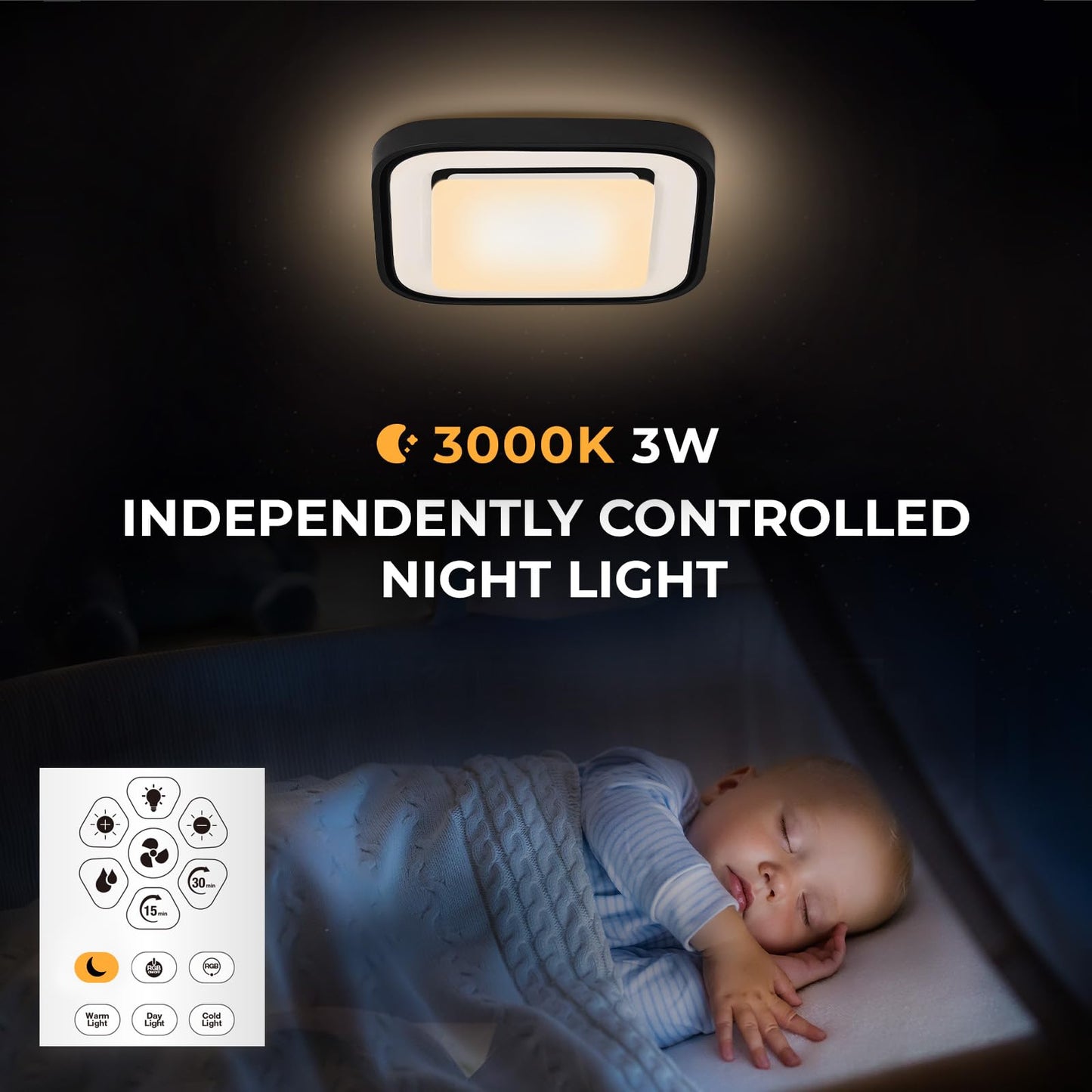 Akicon Bathroom Exhaust Fan with RGB LED Light, 110 CFM 1.5 Sone Ultra Quiet Bathroom Vent Fan for Ceiling, 3CCT Dimmable Light & Nightlight, Remote Control, Square (Black)