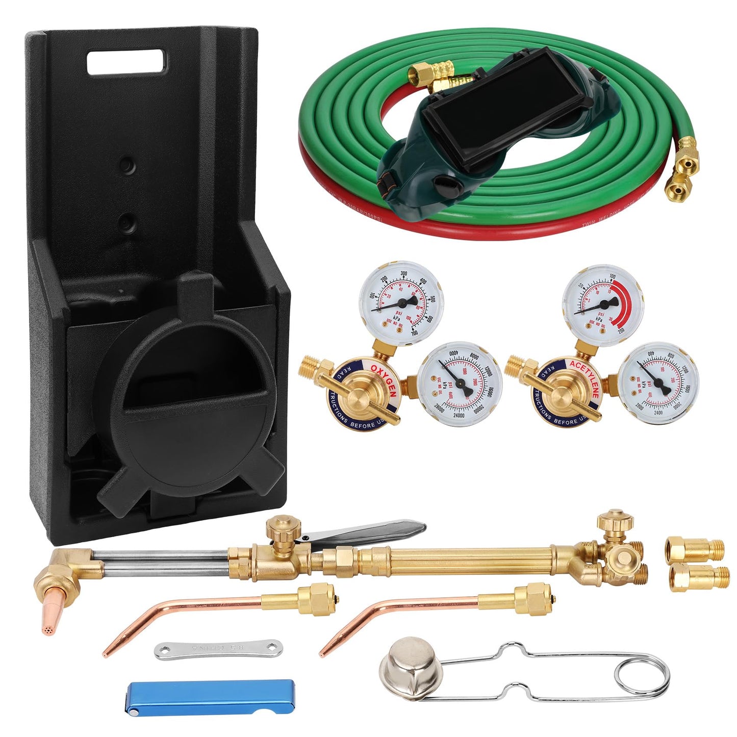 17 Piece Medium Duty Oxy Acetylene Gas Welding Outfit Tote Kit without Tanks with CGA540 Oxygen Regulator and CGA200 Acetylene Regulator for Welding,Cutting, Brazing and Heating