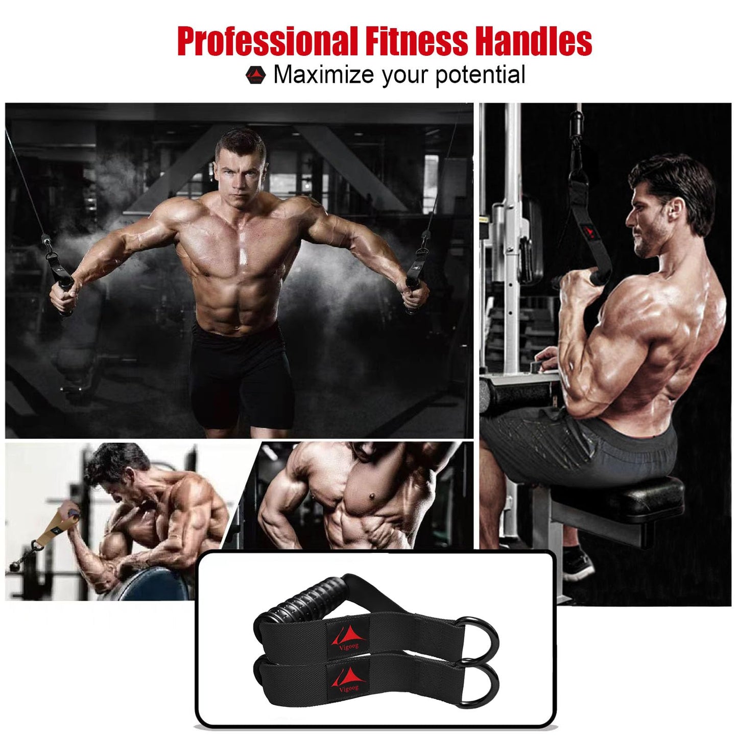 Vigoog Heavy Duty Exercise Handles, Ultra-Durable Rubber Workout Grip Attachments for Cable Machines, LAT Pulldown, Resistance Bands, Home Gym and Commercial Fitness Equipment (Carbon Black XR)