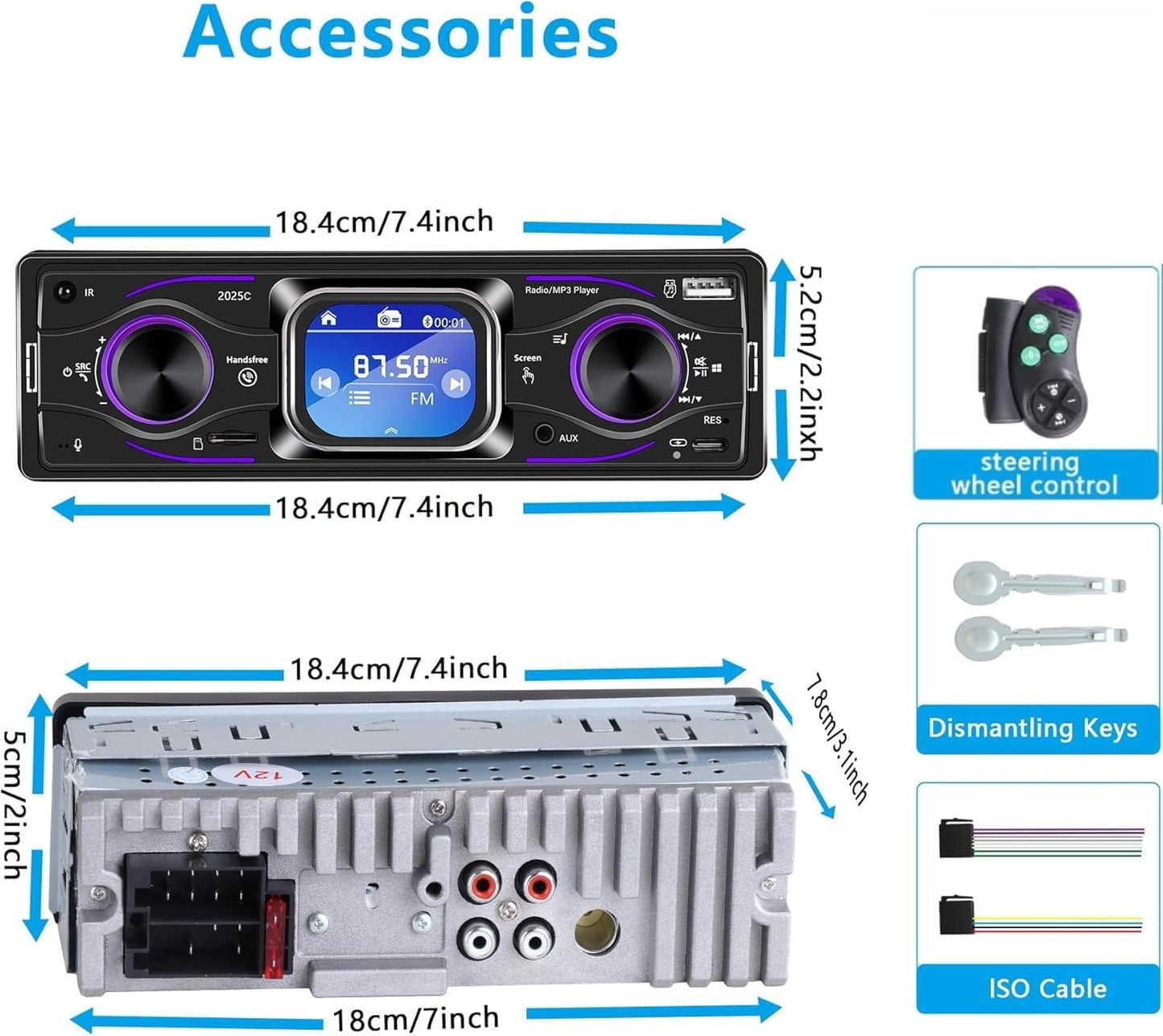 Dykucic MP3 7-Color Single Din Car Stereo with Touchscreen Bluetooth, Player Supports Steering Wheel Control, USB/SD/FM