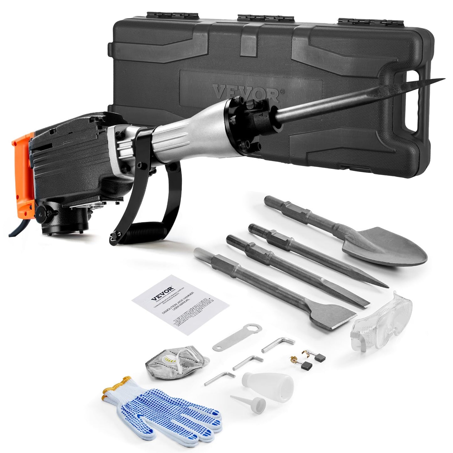 VEVOR Demolition Jack Hammer, 2200W Electric Jack Hammer Concrete Breaker, 1350 BPM Heavy Duty - 4pcs Chisels Bit with Case, Black