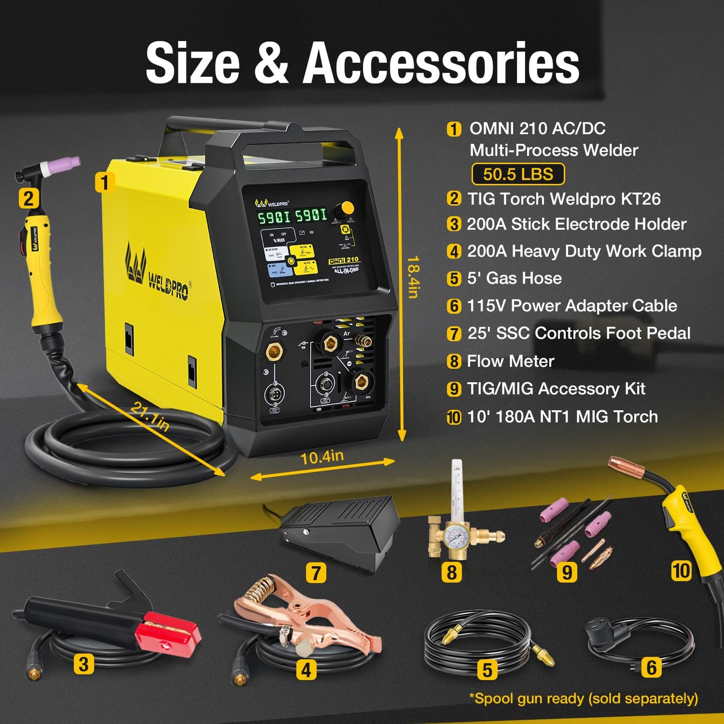Weldpro Omni210 MIG Welder 200A Multi-Process Welder 110V/220V,Synergic MIG/Flux Core/Stick/Spool Gun/AC/DC HF TIG with Pulse,6-in-1 Frequency Control Welding Machine with Standard TIG Torch,VRD