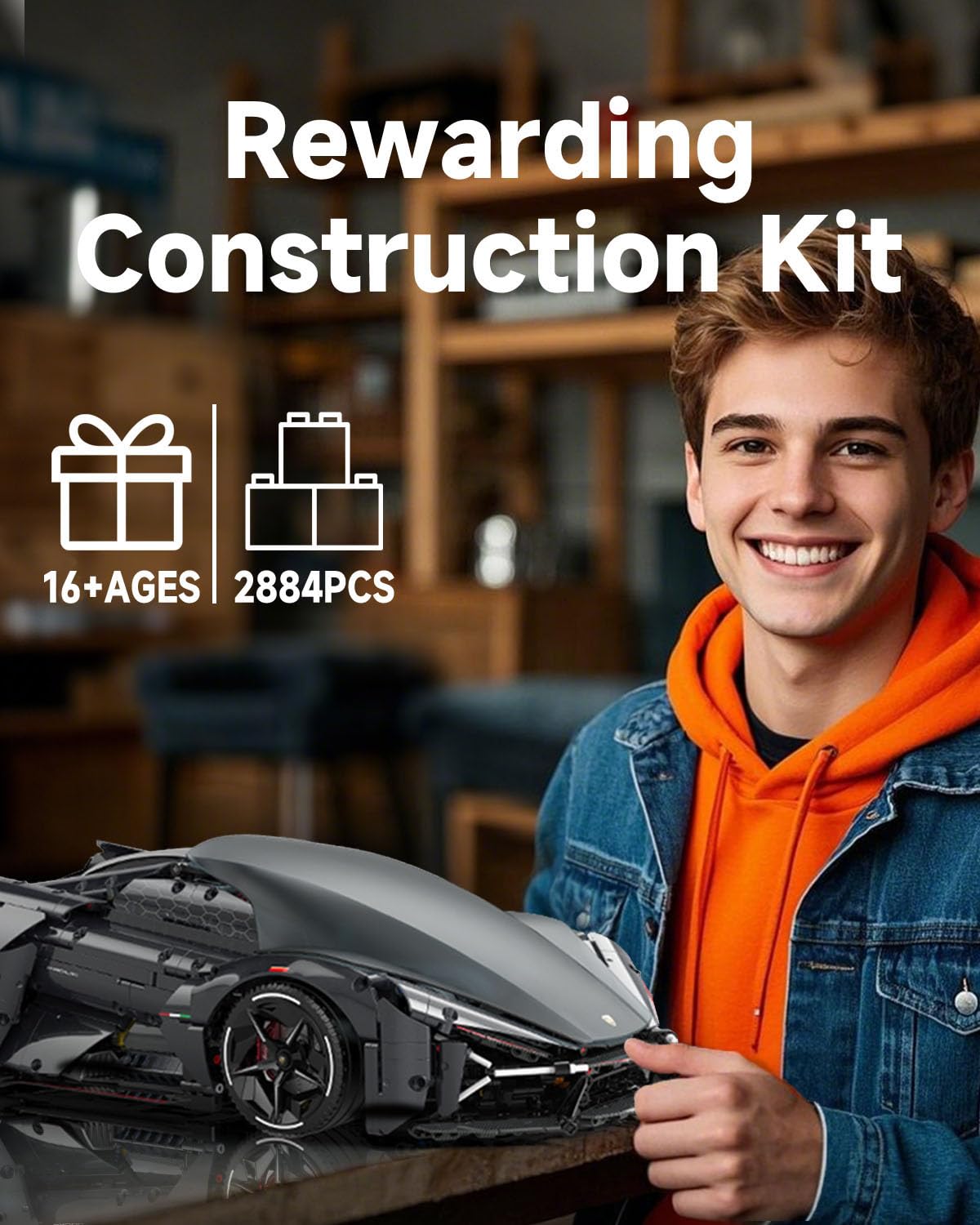 JTBBOY 1:8 Sport Building Supercar Set for Adults, Model Kit for Adults to Build, Collectible Car Building Kits, Supercar with Authentic Features,Display Model for Home or Office(2884PCS)