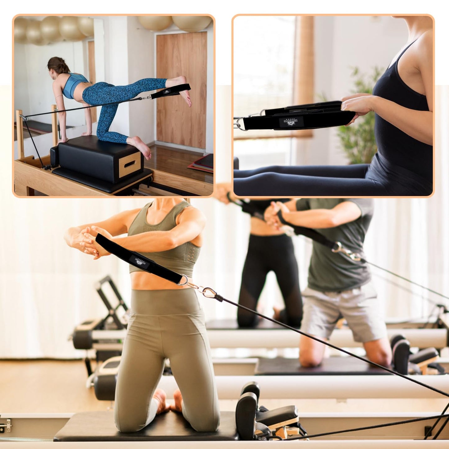 Lights Mountain Durable Pilates Double Loop D-Ring Straps - Padded Handles for Reformer, Yoga & Home Gym Workouts (black M)