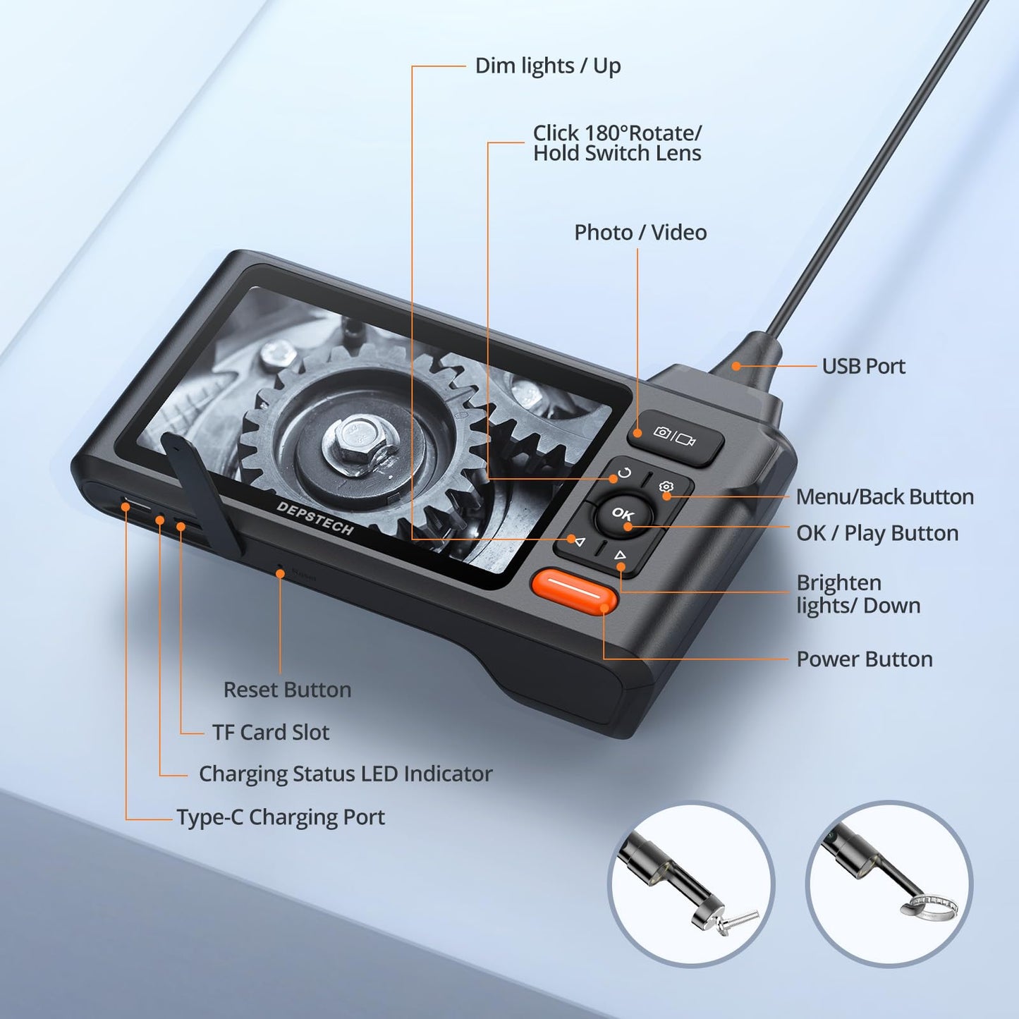 DEPSTECH 50FT Endoscope Camera with Light: Triple Lens 5" IPS Screen Sewer Inspection Camera, 1080P Industrial Borescope, Split Screen, Semi-Rigid Cable, Waterproof Drain Pipe Tool, Carrying Case