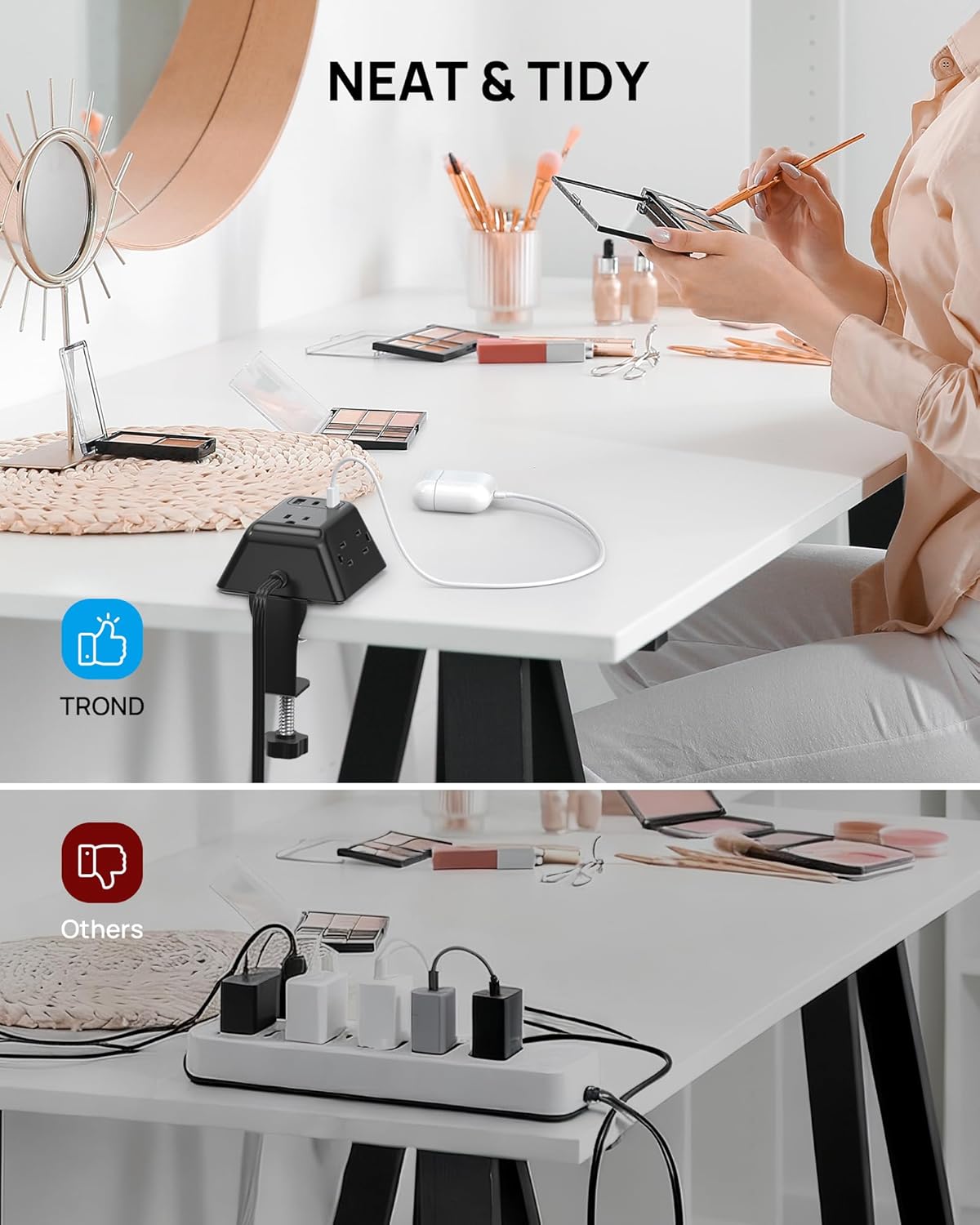 TROND 5 3 1.97in 10FT Desk Clamp Power Strip, Surge Protector with AC Outlets and USB Ports, Desk Mount Charging